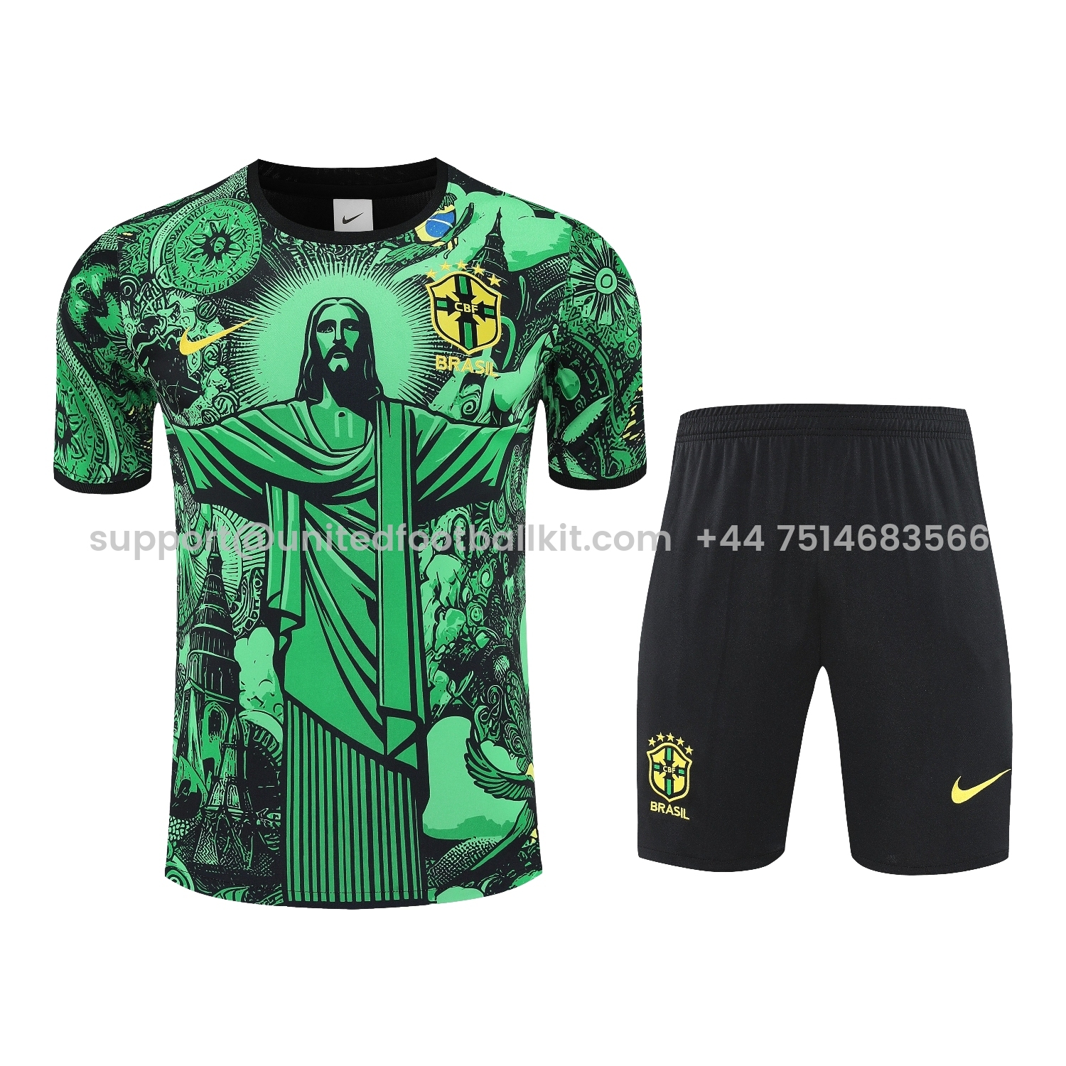 Unitedfootballkit.com | Brazil 25-26 Green Jesus Statue Short-Sleeve Training Set - Green Top & Black Shorts -Customize Name, Number and Patch | Worldwide Shipping