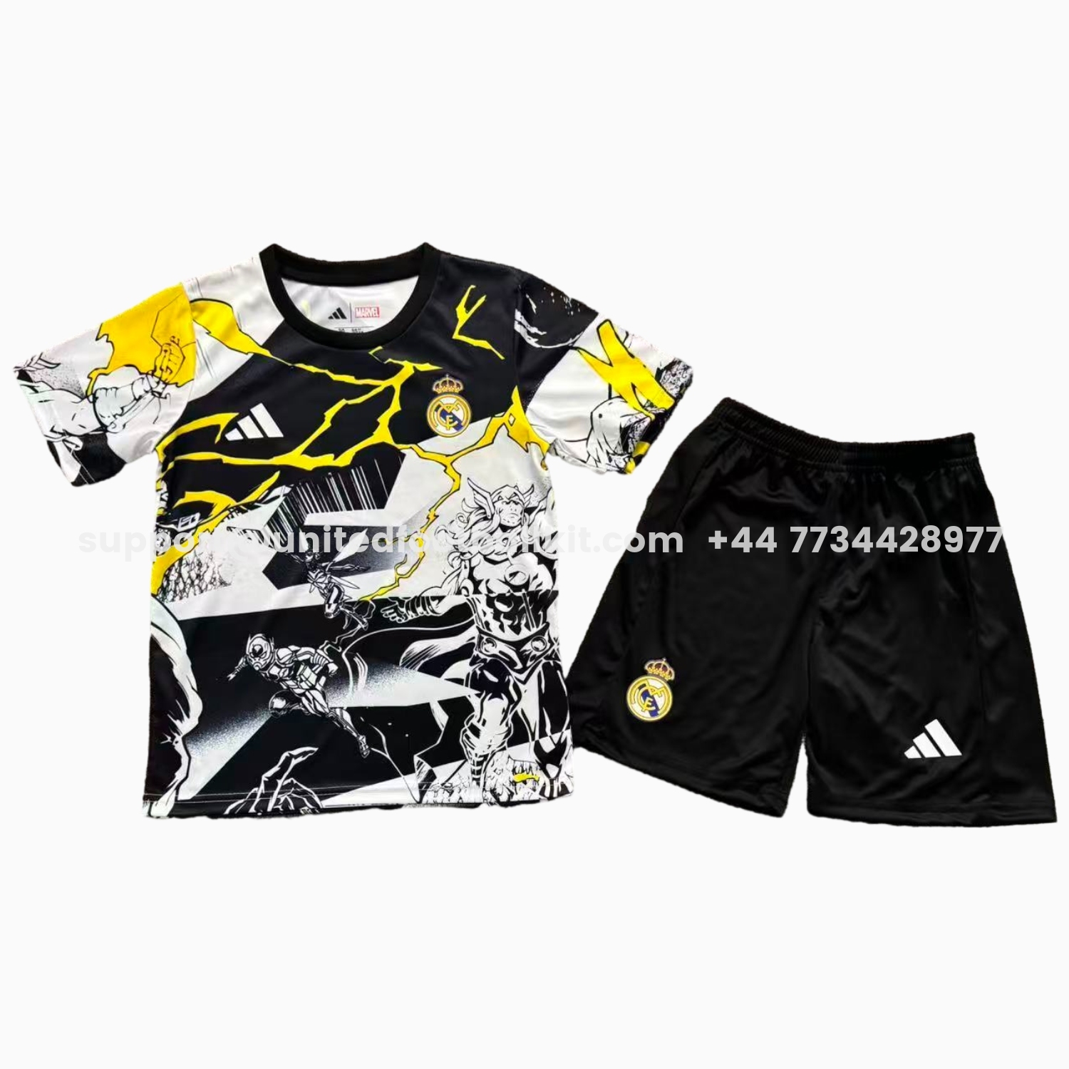 Unitedfootballkit.com | Real Madrid 25-26 Thunder Comics Pre-Match Special Kids Kit -Customize Name, Number and Patch | Worldwide Shipping