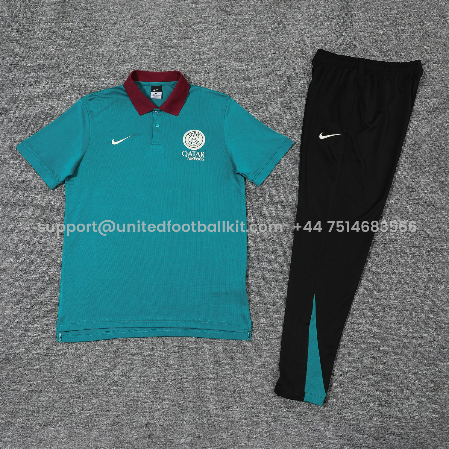 Unitedfootballkit.com | Paris Saint-Germain PSG 25-26 POLO Short-Sleeve Training Set - Blue Green Top and Black Pants -Customize Name, Number and Patch | Worldwide Shipping