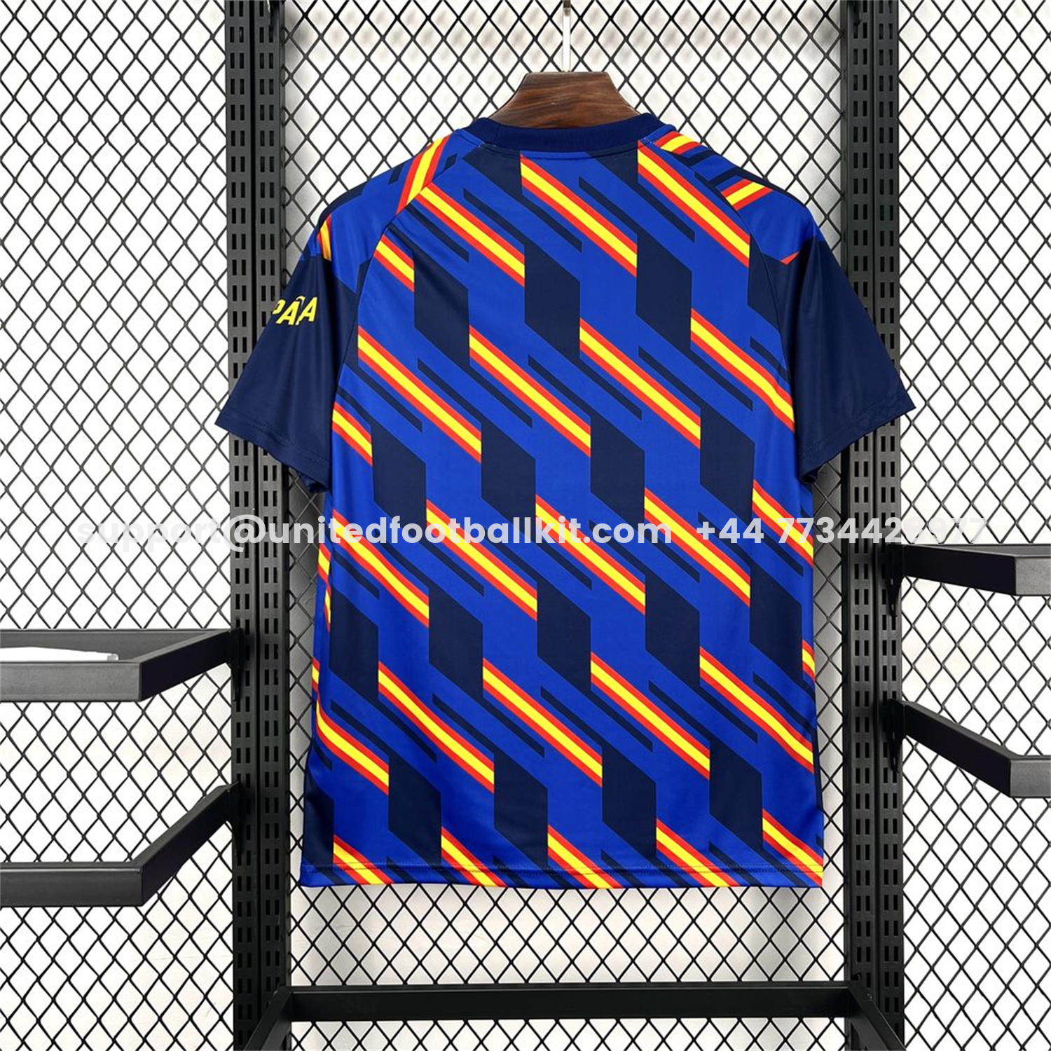 Unitedfootballkit.com | Spain 2026 Royal Blue And Yellow Stripes Pre-match Jersey - Fans Version -Customize Name, Number and Patch | Worldwide Shipping