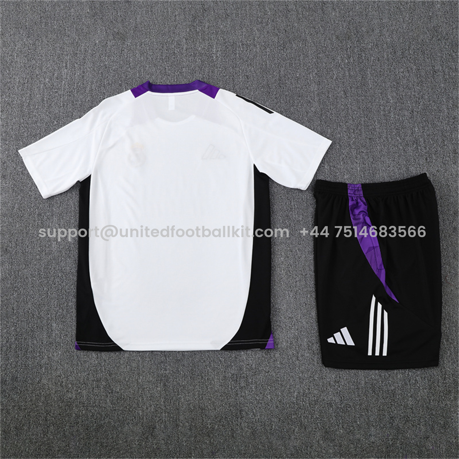 Unitedfootballkit.com | Real Madrid 24-25 Short-Sleeve Kids Training Set - White with Purple -Customize Name, Number and Patch | Worldwide Shipping
