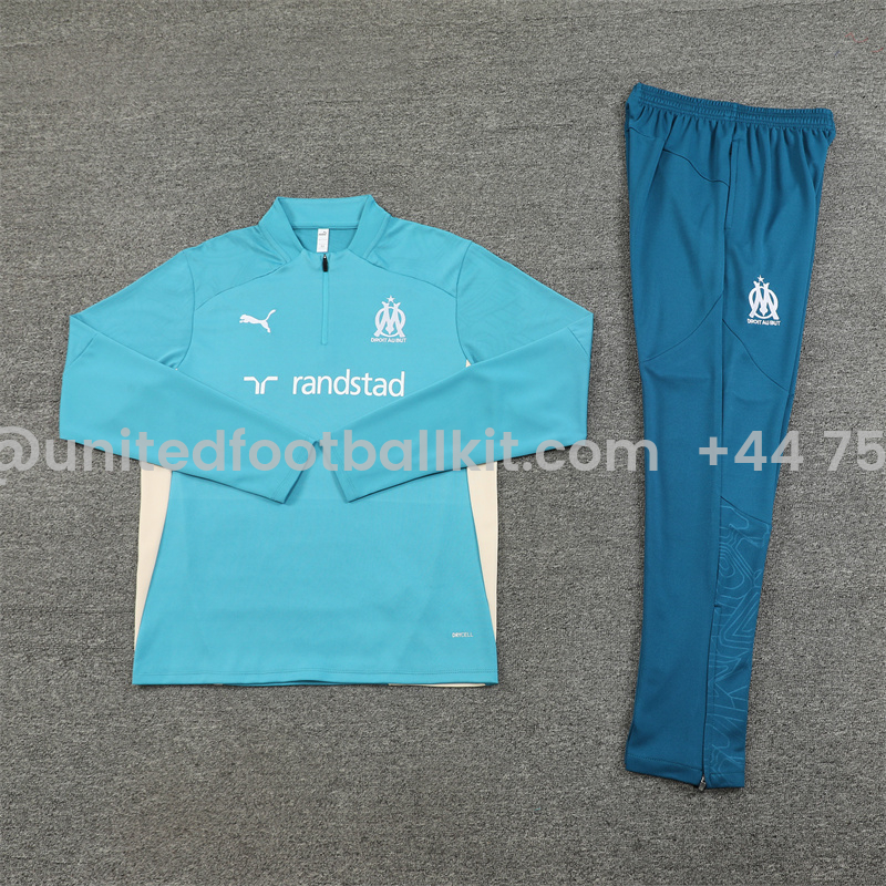 Unitedfootballkit.com | Marseille 24-25 Long Sleeve Training Set - Lake Blue -Customize Name, Number and Patch | Worldwide Shipping