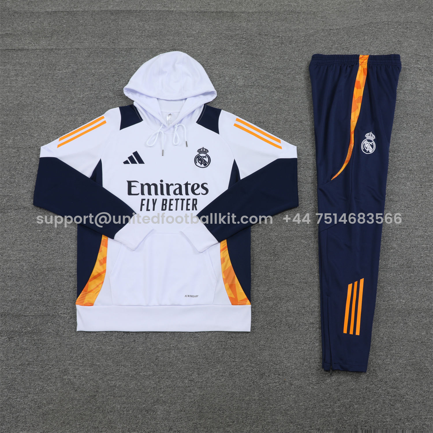 Unitedfootballkit.com | Real Madrid 24-25 Training Hoodie Set - White Hoodie and Deep Blue Pants -Customize Name, Number and Patch | Worldwide Shipping
