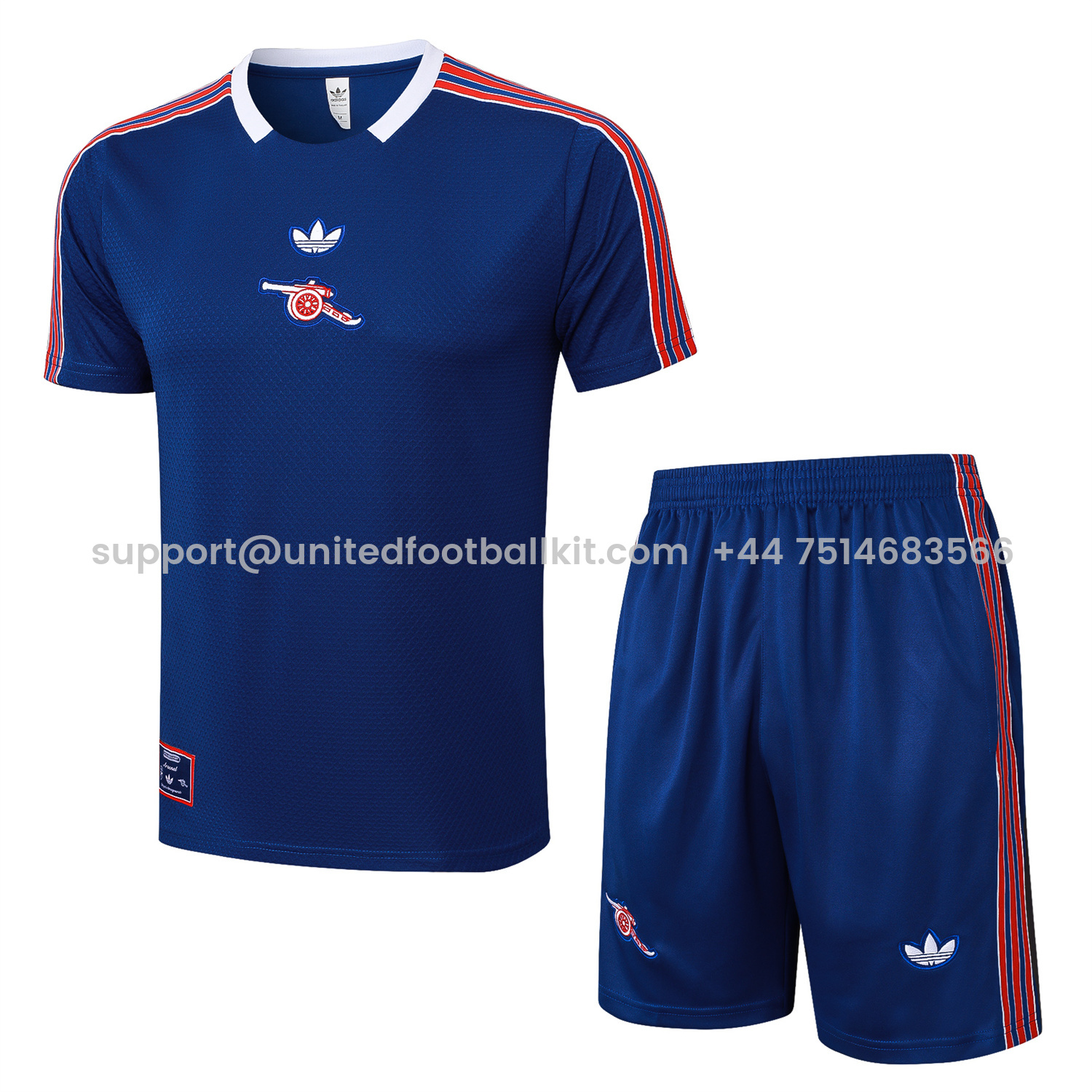 Unitedfootballkit.com | Arsenal 25-26 Throwback Trefoil Short-Sleeve Training Set - Royal Blue Top and Shorts -Customize Name, Number and Patch | Worldwide Shipping