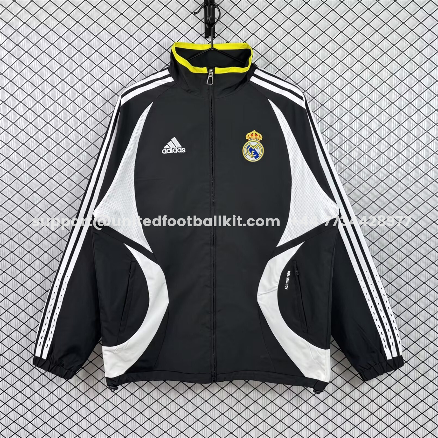 Unitedfootballkit.com | Retro Real Madrid 2006-07 Windbreaker Jacket - Black And White -Customize Name, Number and Patch | Worldwide Shipping