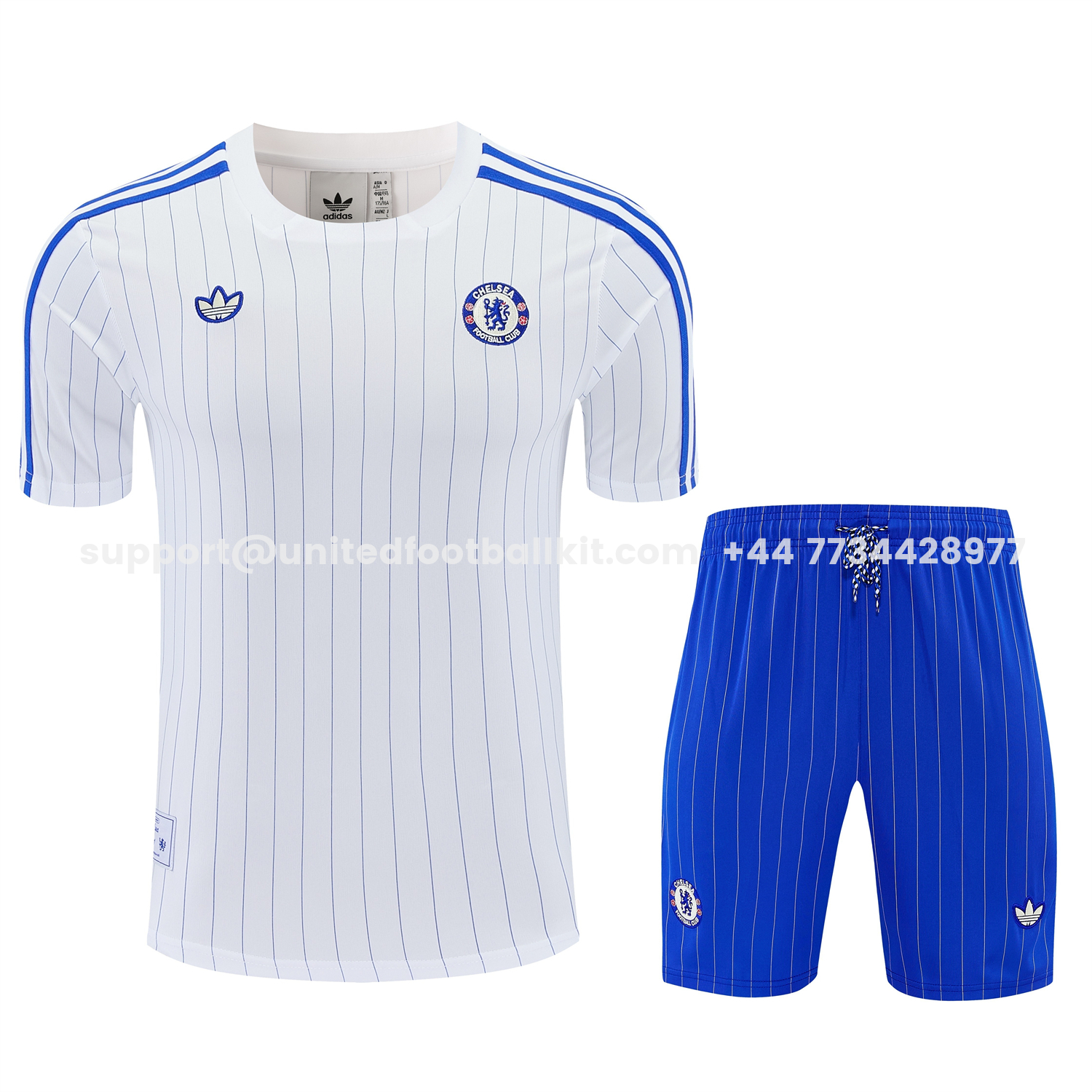 Unitedfootballkit.com | C.H.E.L.S.E.A 25-26 Retro Style Short-Sleeve Training Set - White Top & Blue Stripes Pants -Customize Name, Number and Patch | Worldwide Shipping