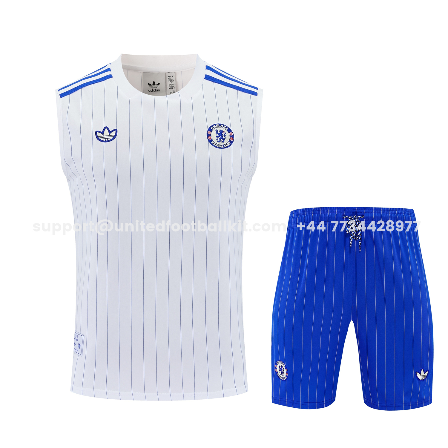 Unitedfootballkit.com | C.H.E.L.S.E.A 25-26 Retro Style Vest Training Set - White Top & Blue Stripes Pants -Customize Name, Number and Patch | Worldwide Shipping