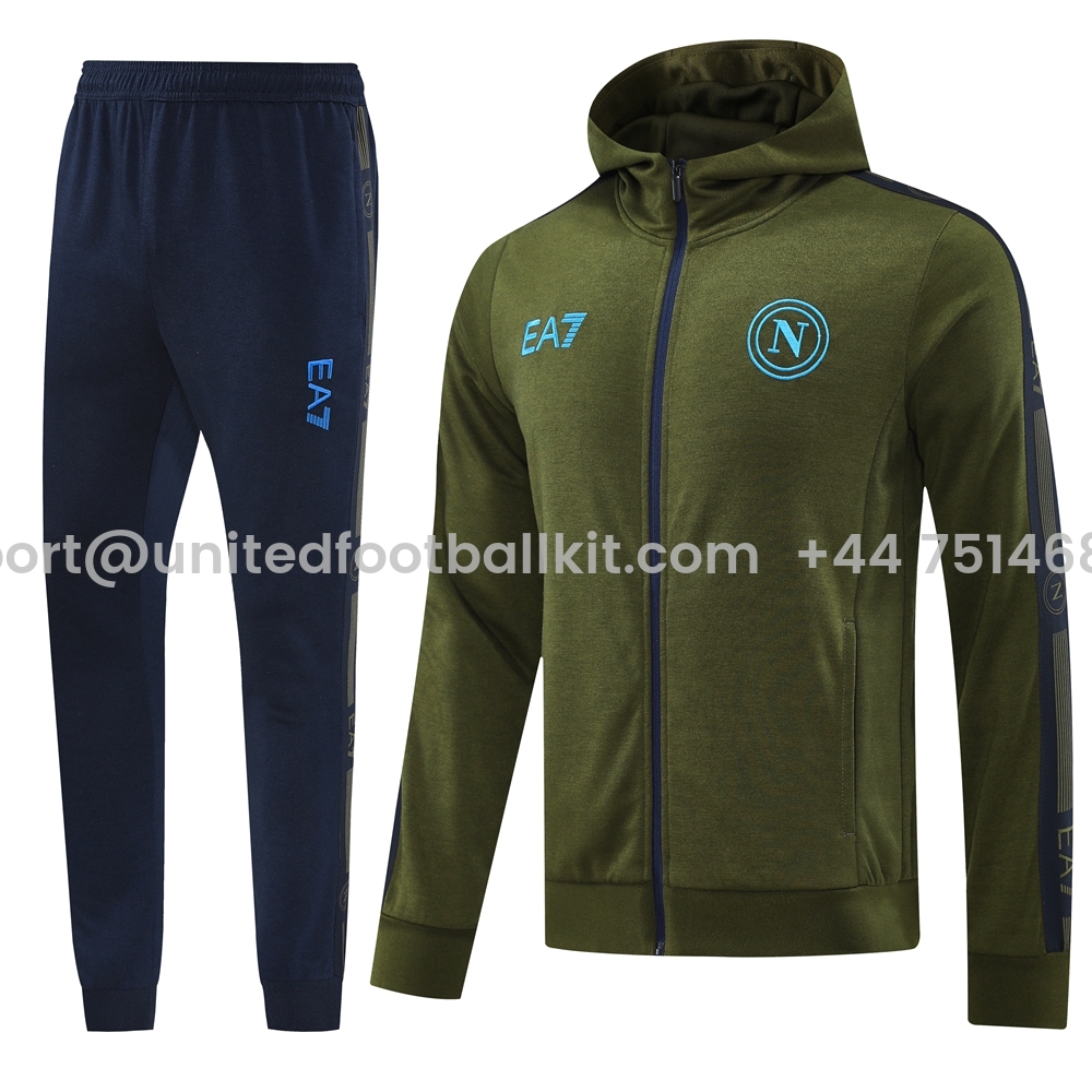 Unitedfootballkit.com | Napoli 24-25 Hooded Jacket Training Tracksuit - Army Green Top and Deep Blue Pants -Customize Name, Number and Patch | Worldwide Shipping