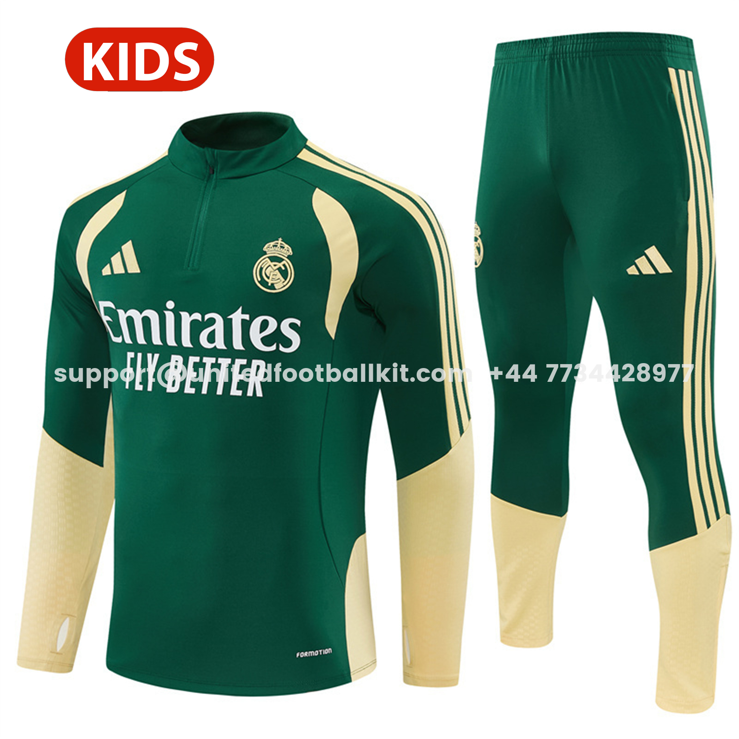 Unitedfootballkit.com | Real Madrid 26-27 Kids Long Sleeves Training Set - Green Top And Green Pants -Customize Name, Number and Patch | Worldwide Shipping
