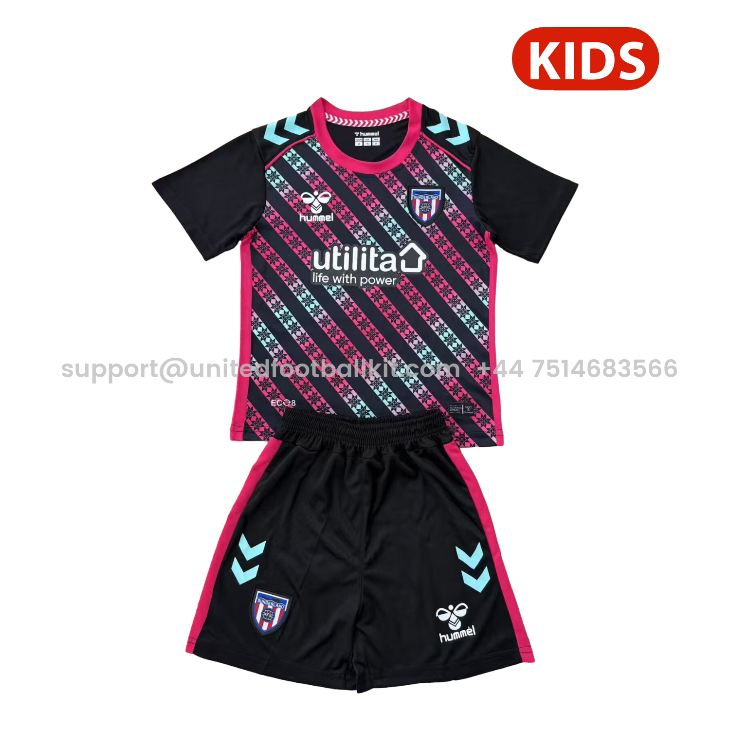 Unitedfootballkit.com | Sunderland 25-26 Goalkeeper Black And Pink Kids Kit -Customize Name, Number and Patch | Worldwide Shipping