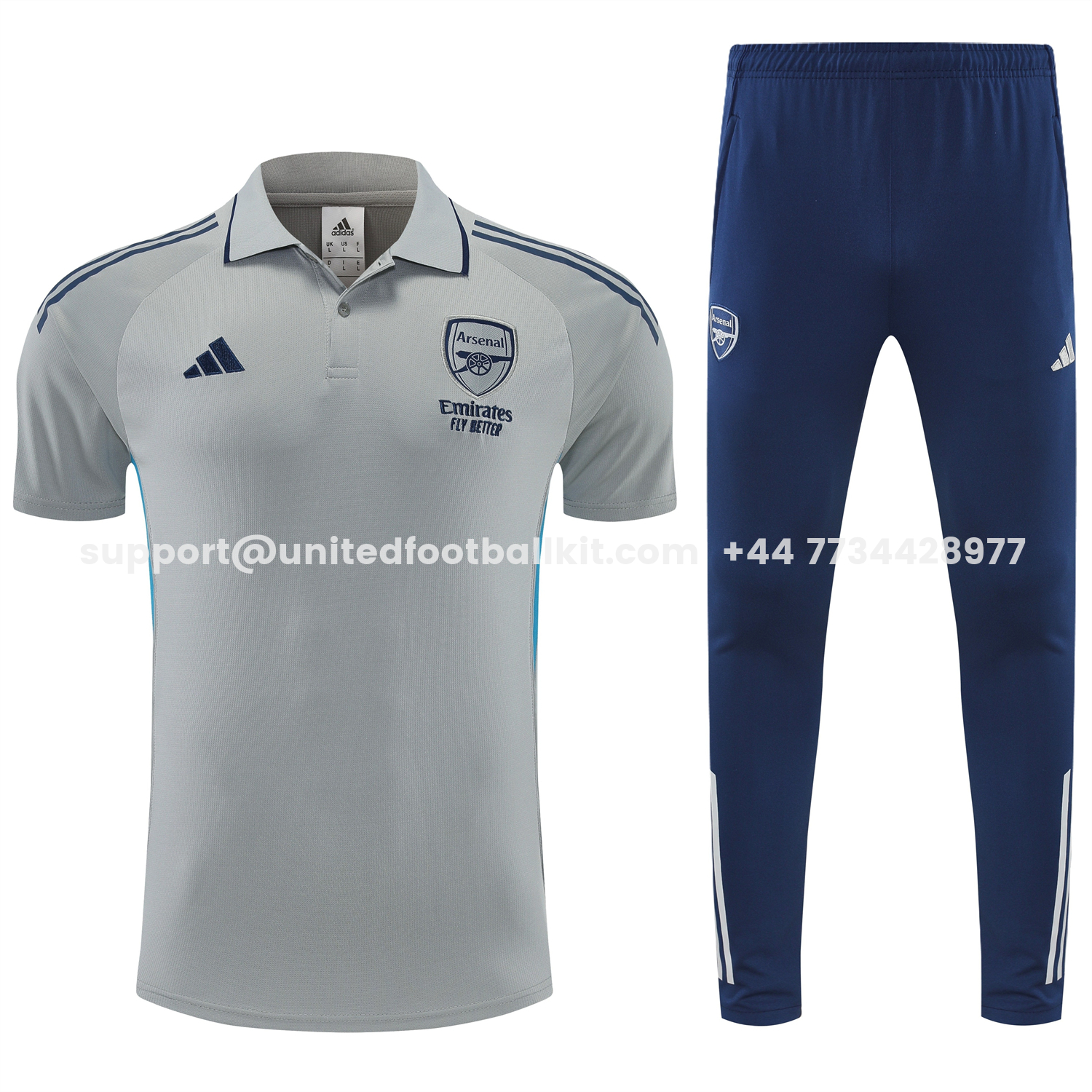 Unitedfootballkit.com | Arsenal 25-26 POLO Short-Sleeve Training Set - Grey Top and Deep Blue Pants -Customize Name, Number and Patch | Worldwide Shipping
