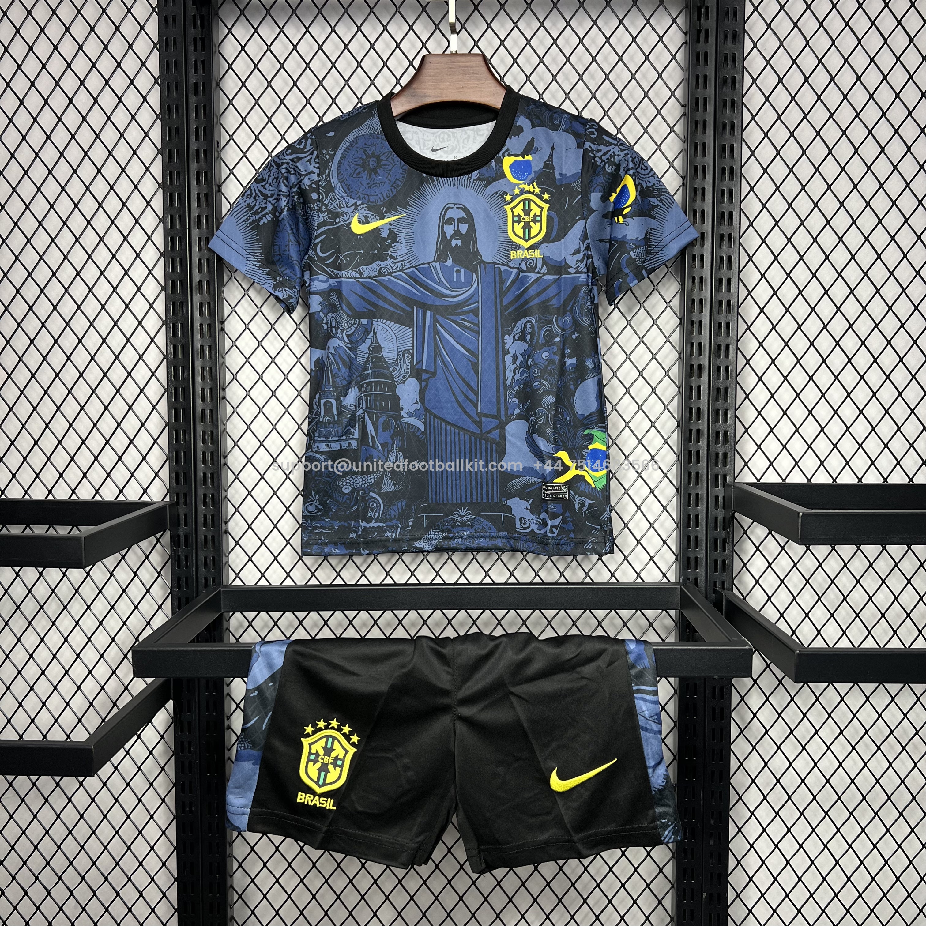 Unitedfootballkit.com | Brazil 2024 Christ the Redeemer Statue Kids Kit - Dark Blue -Customize Name, Number and Patch | Worldwide Shipping