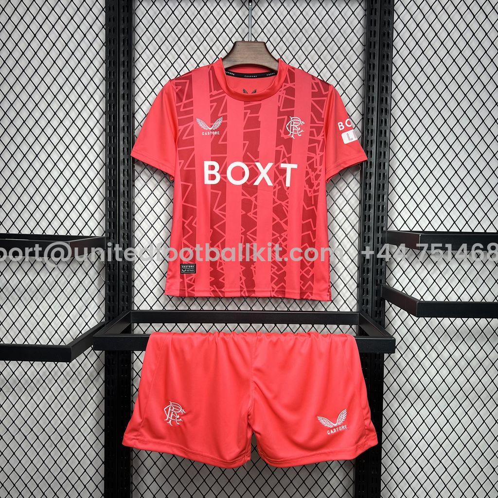 Unitedfootballkit.com | Glasgow Rangers 24-25 Red Goalkeeper Kids Kit -Customize Name, Number and Patch | Worldwide Shipping