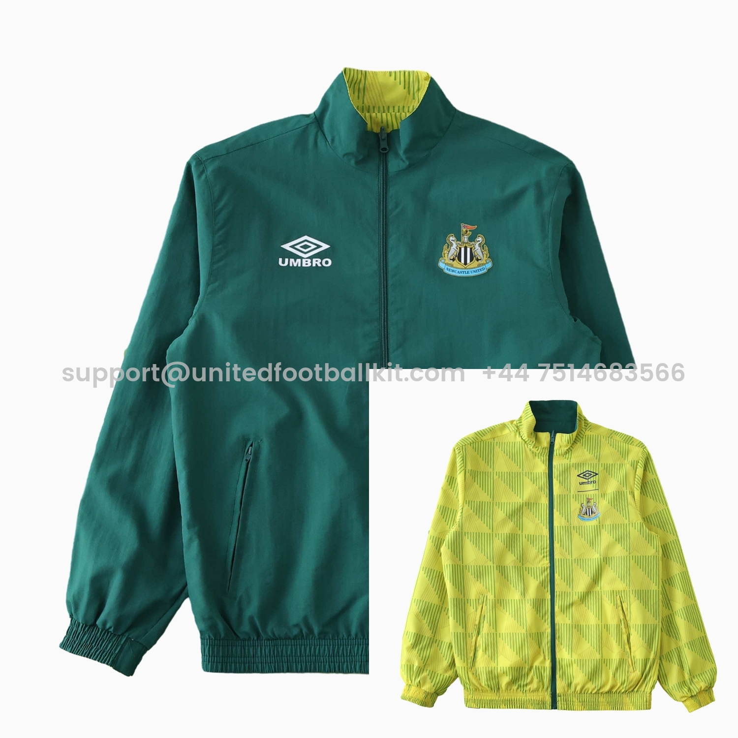 Unitedfootballkit.com | Newcastle United 24-25 Retro Style Double Sided Reversible Windbreaker - Green & Yellow -Customize Name, Number and Patch | Worldwide Shipping