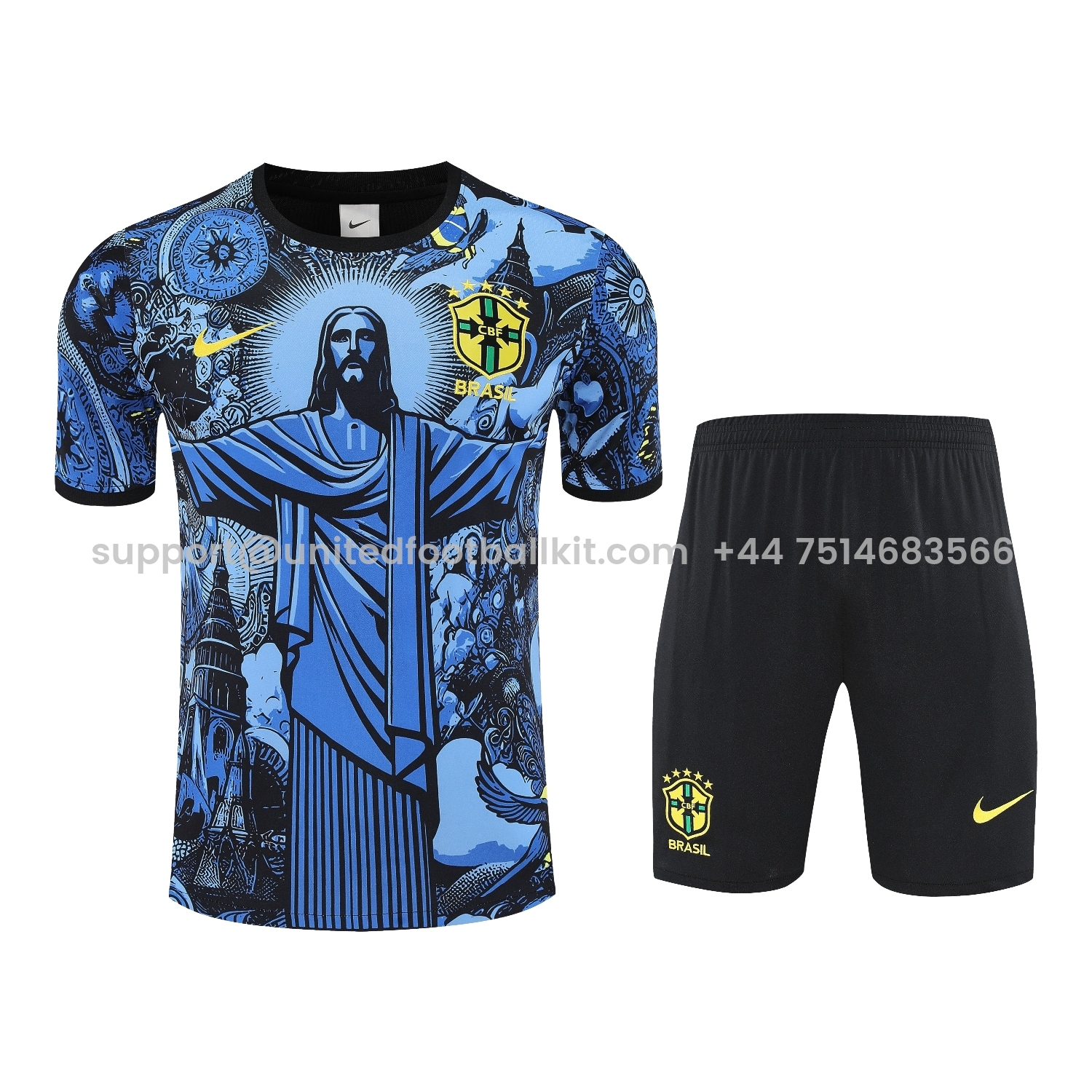 Unitedfootballkit.com | Brazil 25-26 Blue Jesus Statue Short-Sleeve Training Set - Blue Top & Black Shorts -Customize Name, Number and Patch | Worldwide Shipping
