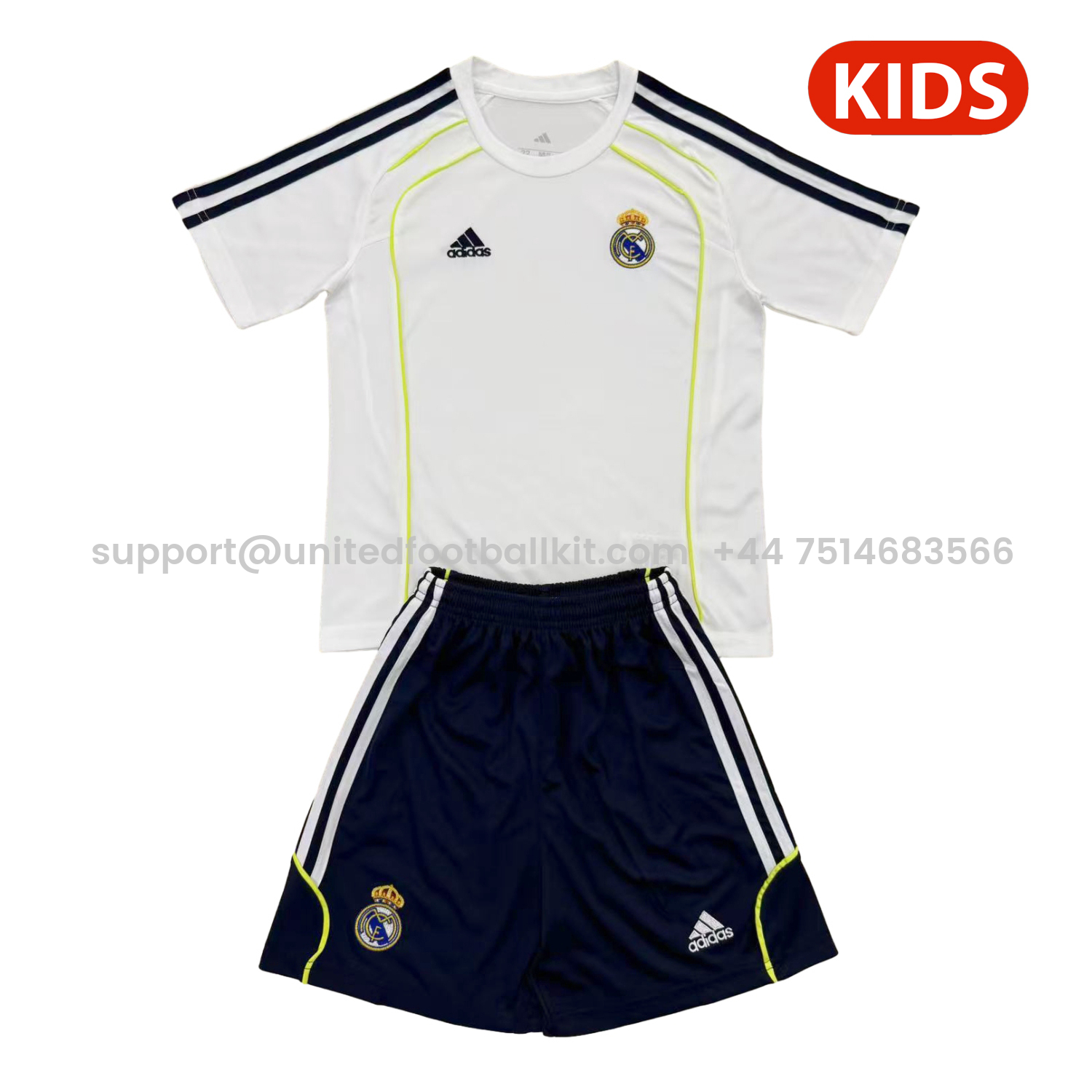 Unitedfootballkit.com | Real Madrid 25-26 T90 Throwback White Training Kids Kit -Customize Name, Number and Patch | Worldwide Shipping