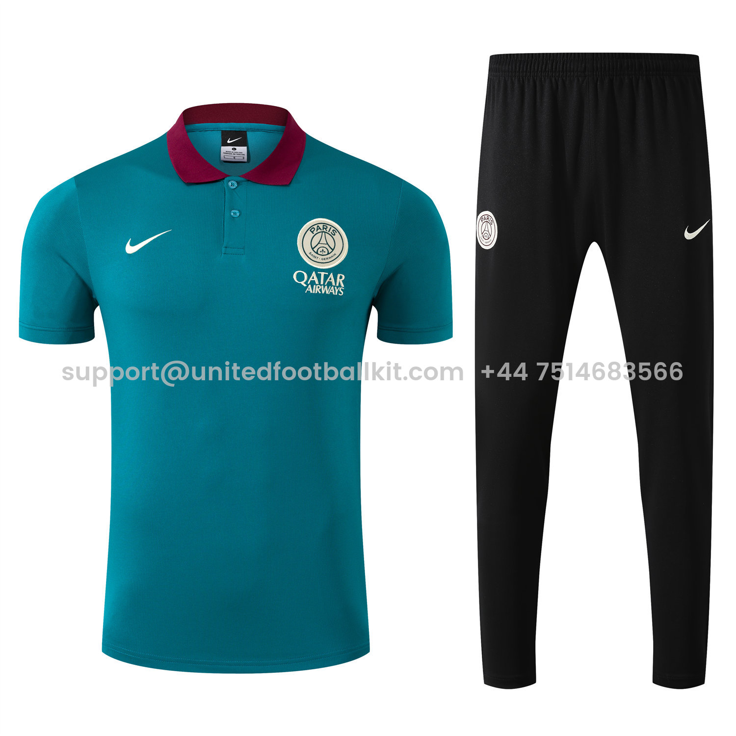 Unitedfootballkit.com | Paris Saint-Germain PSG 25-26 POLO Short-Sleeve Training Set - Blue Green Top and Black Pants -Customize Name, Number and Patch | Worldwide Shipping