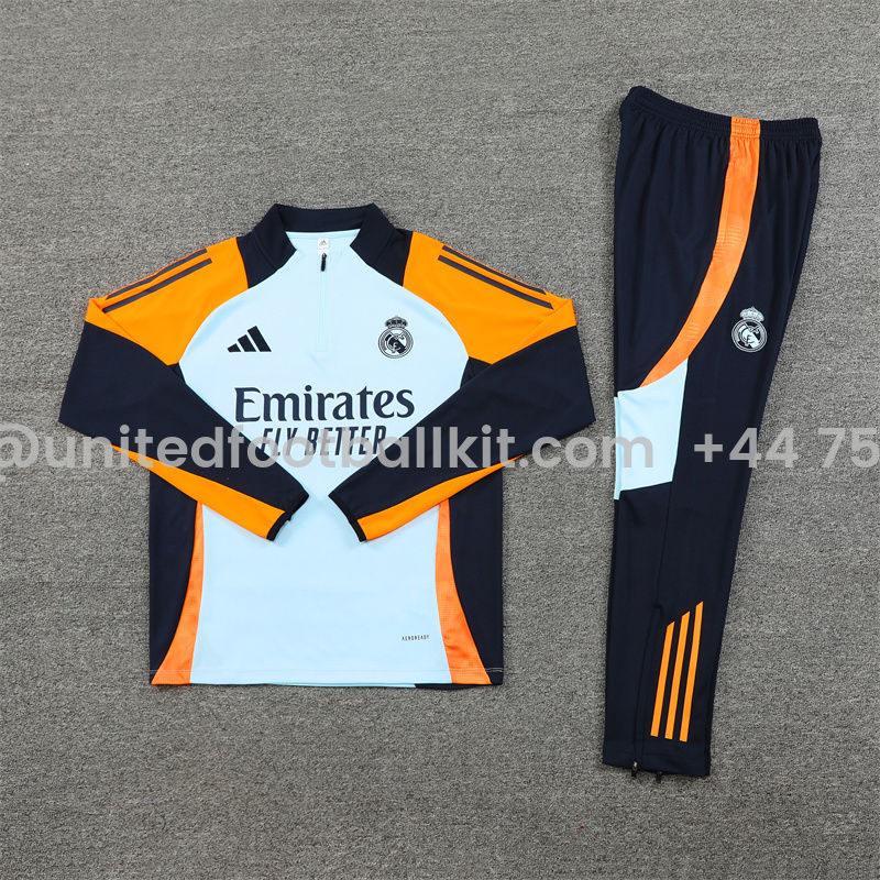 Unitedfootballkit.com | Real Madrid 24-25 Long Sleeve Training Set - Blue & Orange -Customize Name, Number and Patch | Worldwide Shipping