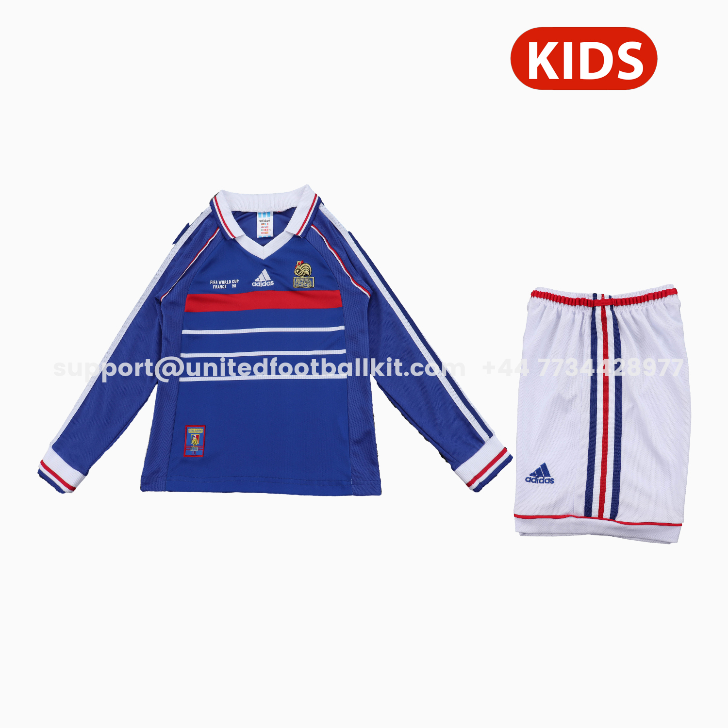 Unitedfootballkit.com | Retro France 1998 Home Long Sleeves Kids Kit -Customize Name, Number and Patch | Worldwide Shipping