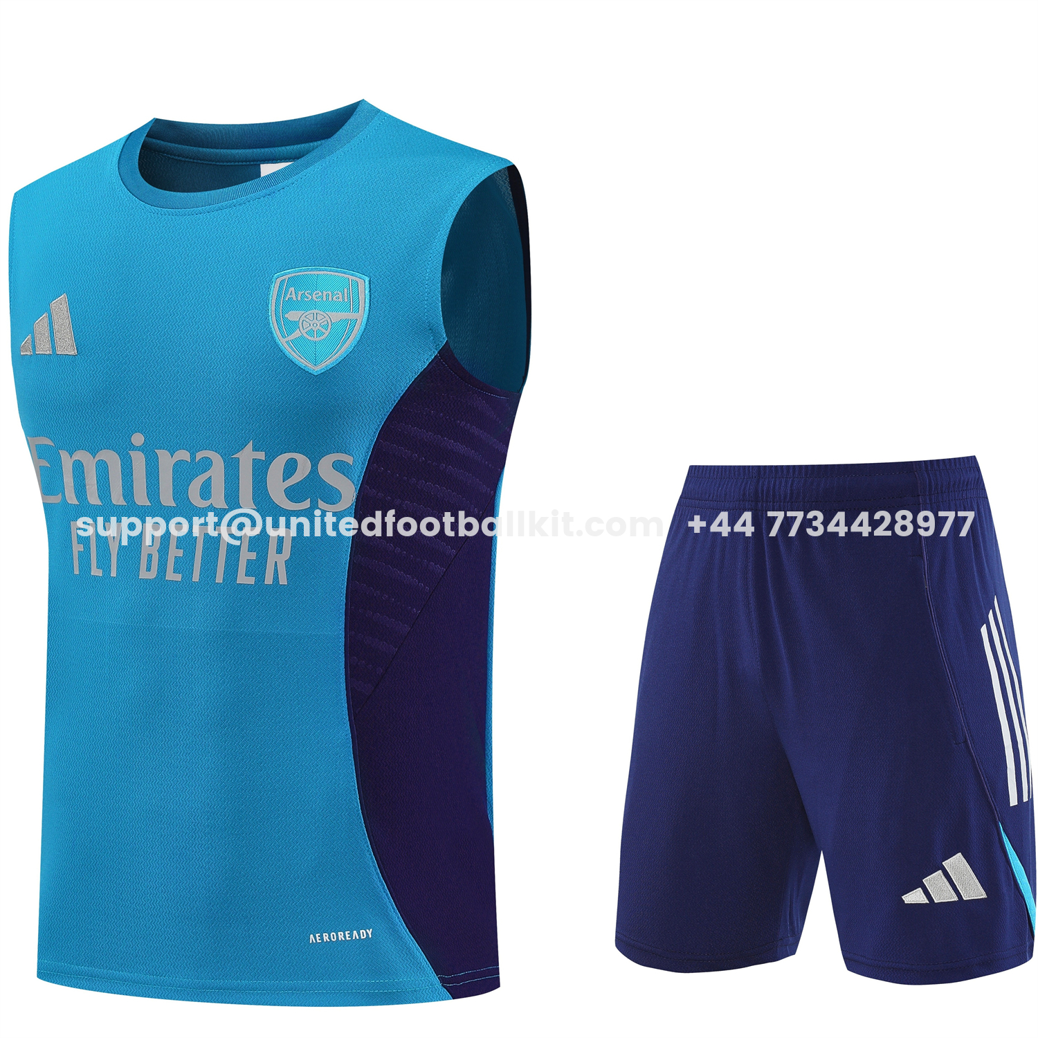 Unitedfootballkit.com | Arsenal 25-26 Vest Training Set - Light Blue Top & Royal Blue Shorts -Customize Name, Number and Patch | Worldwide Shipping