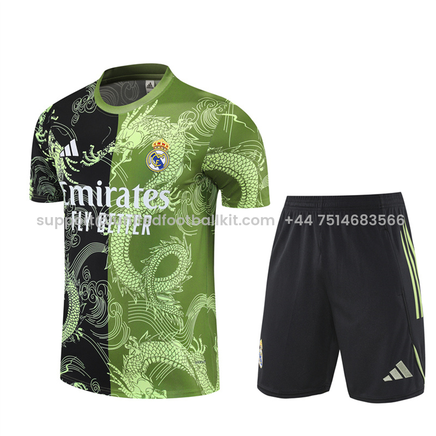 Unitedfootballkit.com | Real Madrid 25-26 Short-Sleeve Training Set - Green Black Top & Black Shorts -Customize Name, Number and Patch | Worldwide Shipping