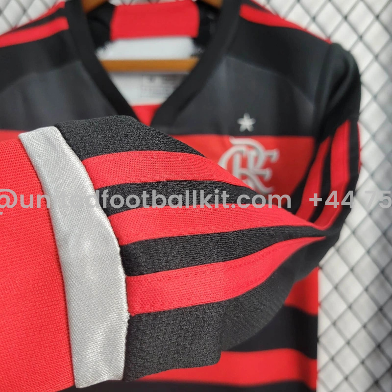 Unitedfootballkit.com | Flamengo 2024 Home Stadium Long Sleeve Kids Kit -Customize Name, Number and Patch | Worldwide Shipping