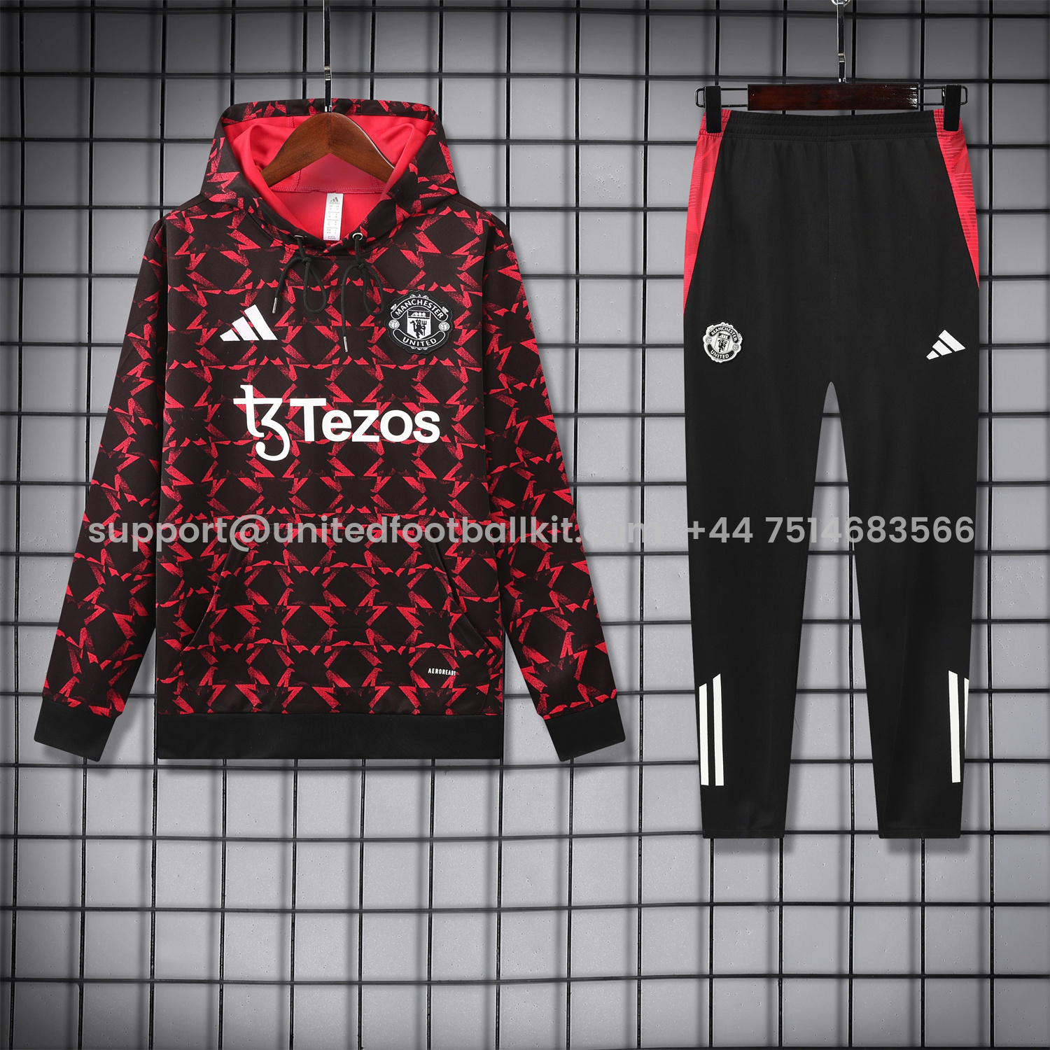 Unitedfootballkit.com | Manchester United 24-25 Pre-Match Home Traning Hoodie Set - Red Top and Black Pants -Customize Name, Number and Patch | Worldwide Shipping
