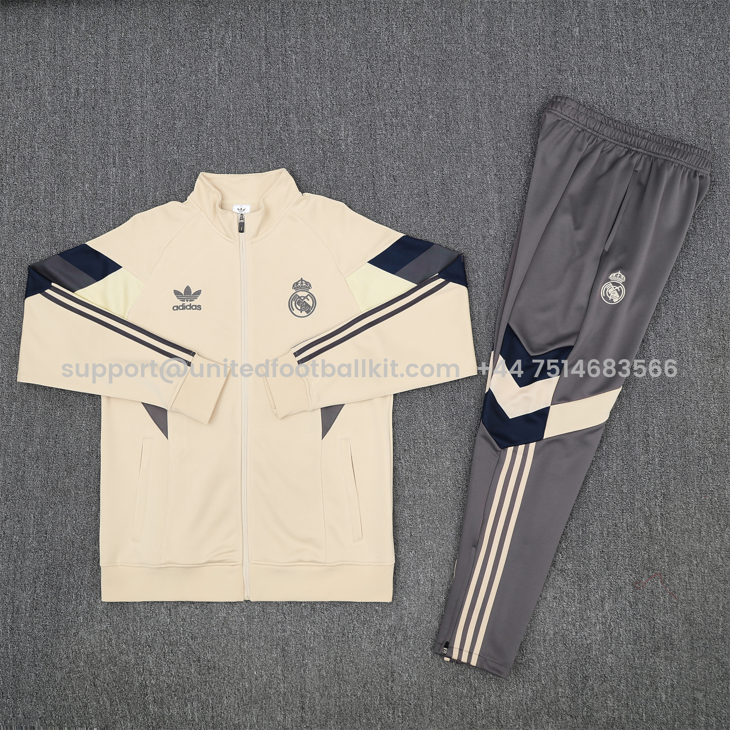 Unitedfootballkit.com | Real Madrid 25-26 Throwback Jacket Training Tracksuit - Off-white Jackets & Grey Pants -Customize Name, Number and Patch | Worldwide Shipping