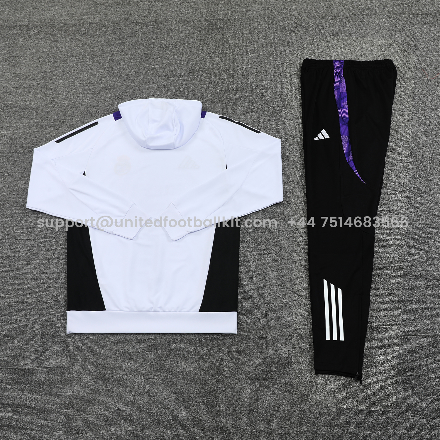 Unitedfootballkit.com | Real Madrid 24-25 Training Hoodie Set - White Hoodie and Black Pants -Customize Name, Number and Patch | Worldwide Shipping