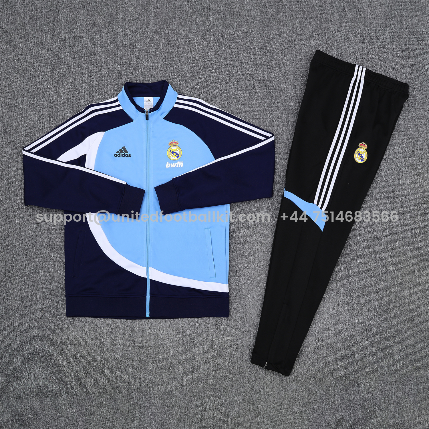 Unitedfootballkit.com | Real Madrid 25-26 Throwback Jacket Training Tracksuit - Blue Jackets & Black Pants -Customize Name, Number and Patch | Worldwide Shipping