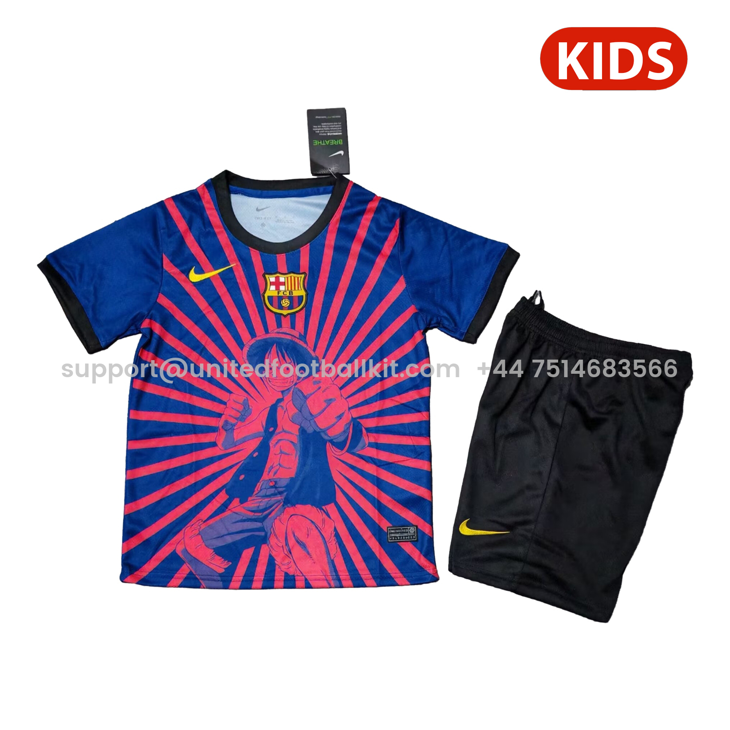 Unitedfootballkit.com | Barcelona 25-26 One Piece Red Silhouette Special Blue Kids Kit -Customize Name, Number and Patch | Worldwide Shipping