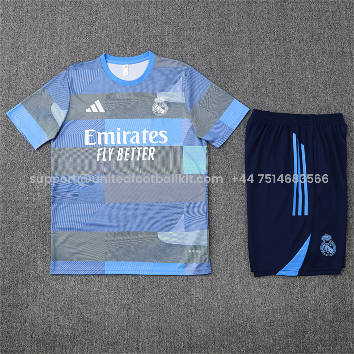 Unitedfootballkit.com | Real Madrid 25-26 Pre-Match Short-Sleeve Training Set - Blue-Gray Camouflage Top and Blue Shorts -Customize Name, Number and Patch | Worldwide Shipping
