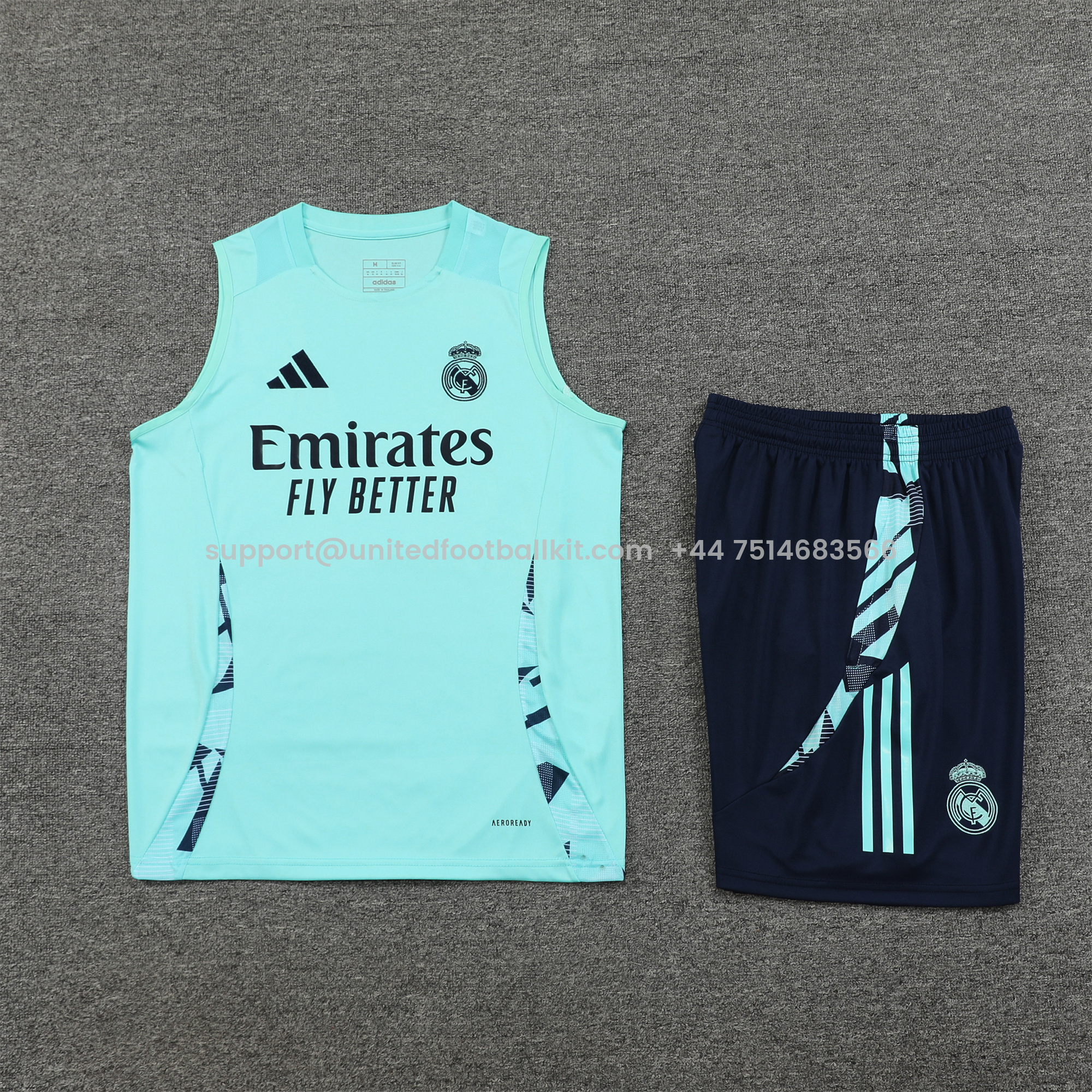 Unitedfootballkit.com | Real Madrid 24-25 Vest Training Set - Light Green Vest & Deep Blue Shorts -Customize Name, Number and Patch | Worldwide Shipping