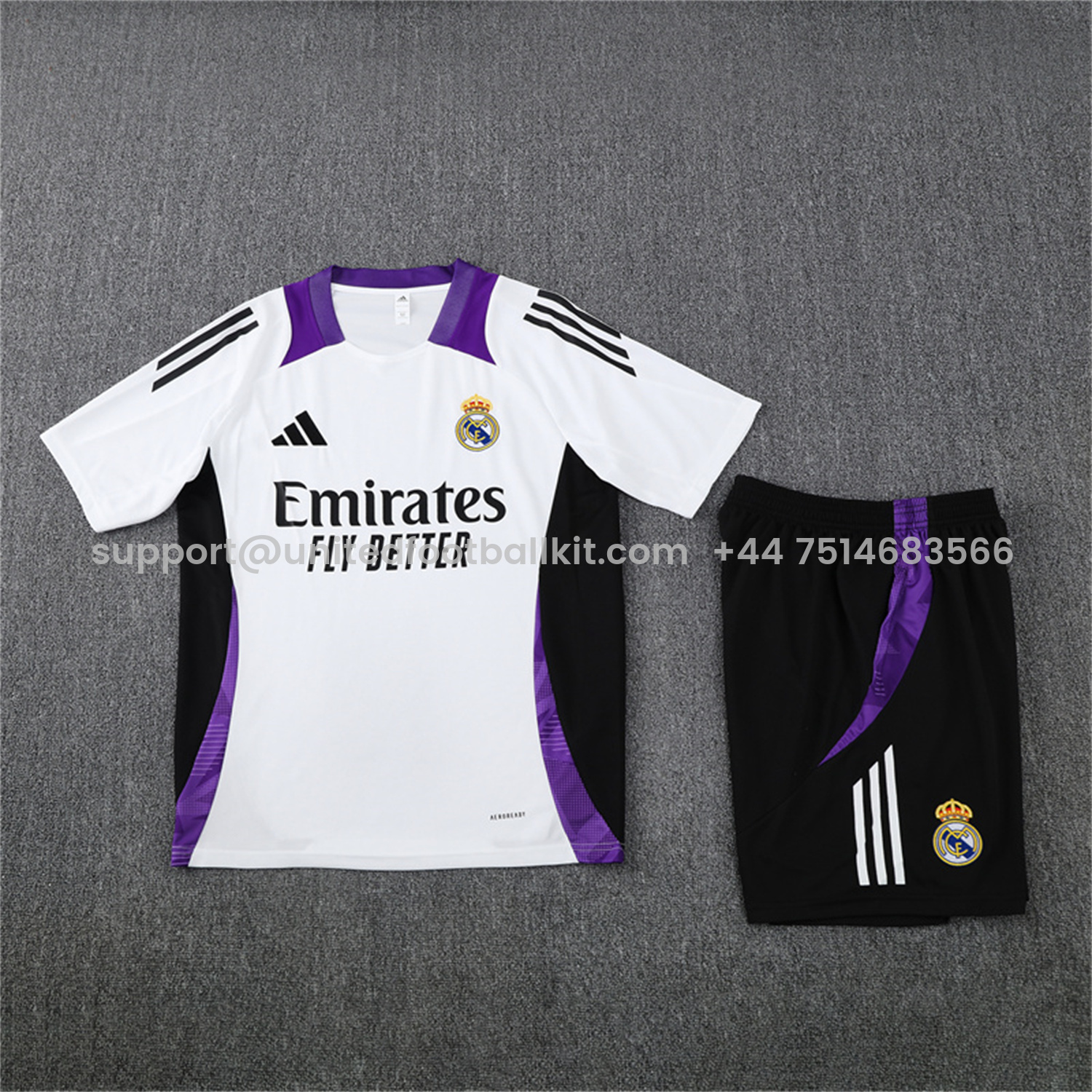Unitedfootballkit.com | Real Madrid 24-25 Short-Sleeve Training Set - White with Purple -Customize Name, Number and Patch | Worldwide Shipping