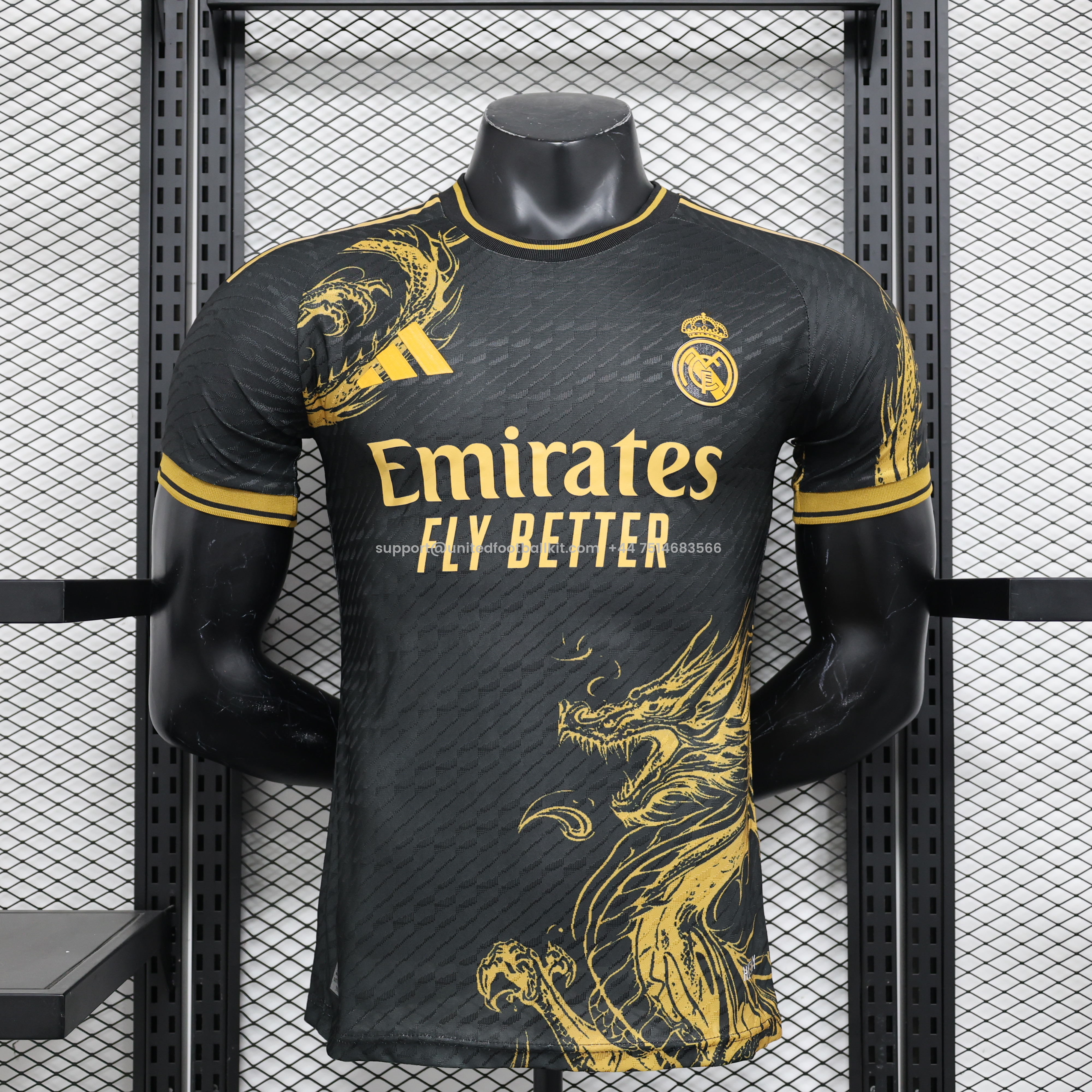 Unitedfootballkit.com | Real Madrid 24-25 Gold Dragon Special Edition Black Jersey - Player Version -Customize Name, Number and Patch | Worldwide Shipping