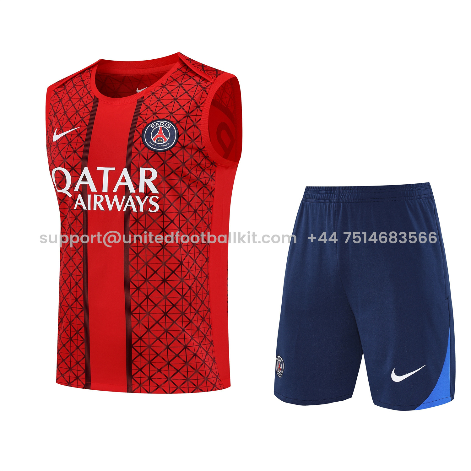 Unitedfootballkit.com | Paris Saint-Germain PSG 25-26 Vest Training Set - Red Vest & Deep Blue Shorts -Customize Name, Number and Patch | Worldwide Shipping