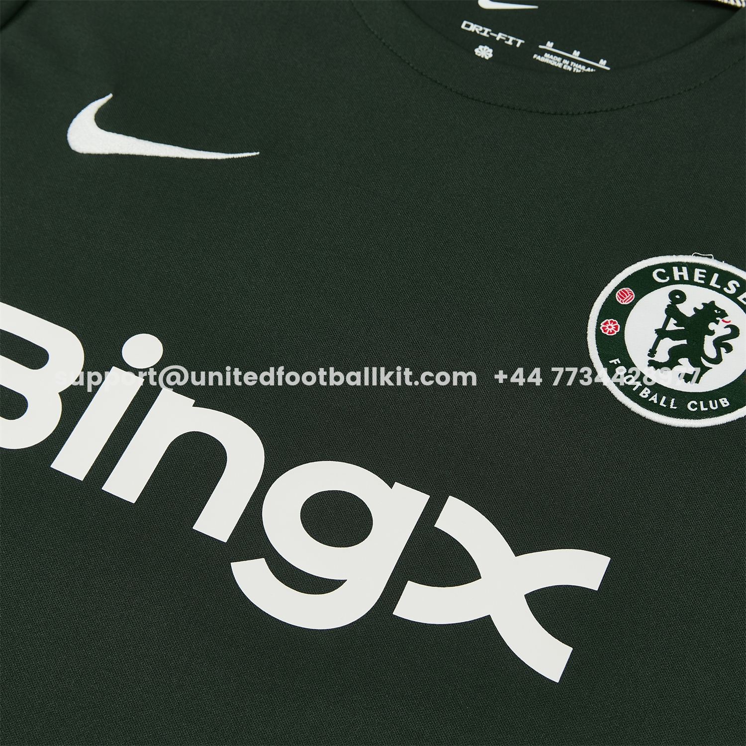 Unitedfootballkit.com | C.H.E.L.S.E.A 25-26 Short-Sleeve Training Set - Dark Green With White Accents Top & Pants -Customize Name, Number and Patch | Worldwide Shipping