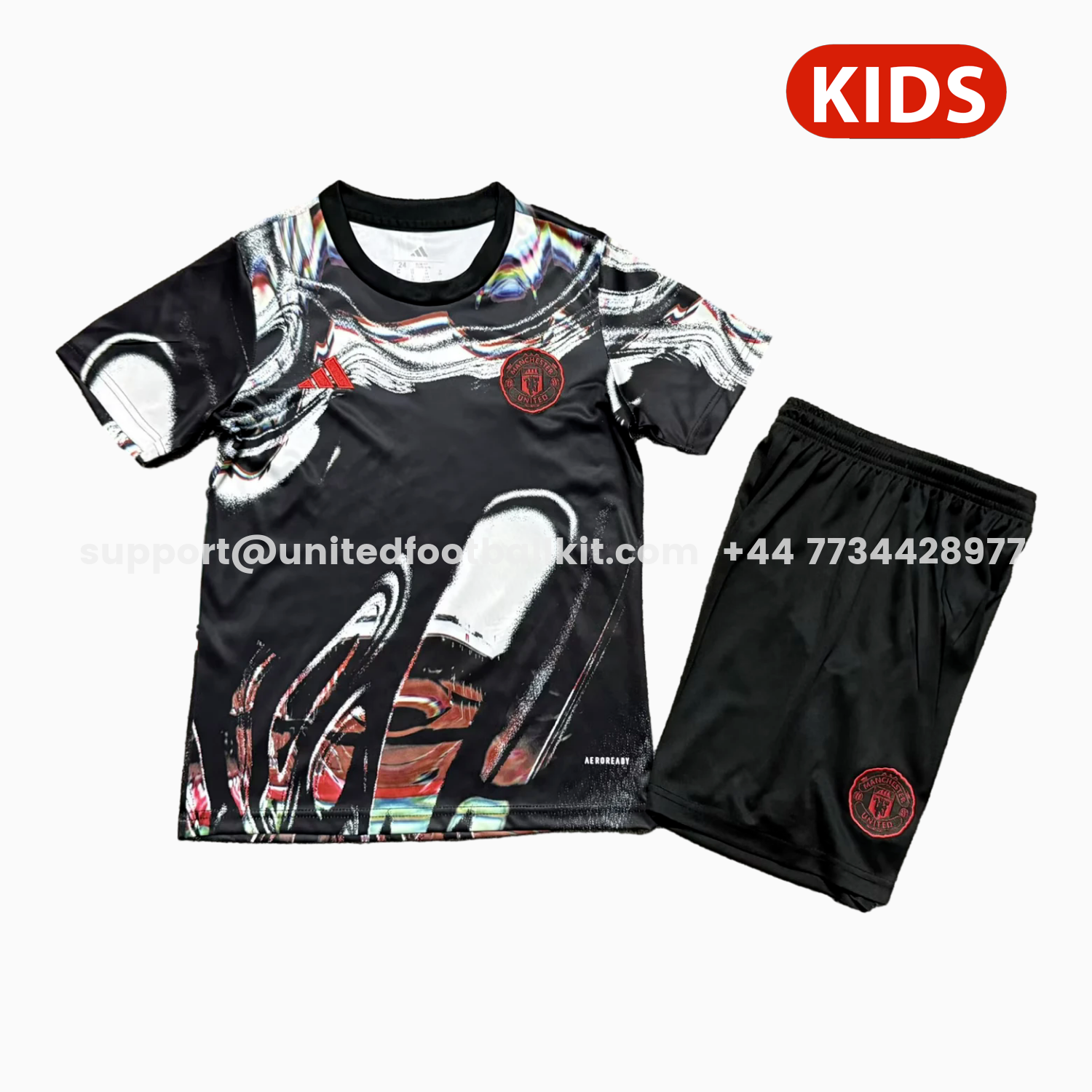 Unitedfootballkit.com | Manchester United 25-26 Ripples Black Special Kids Kit -Customize Name, Number and Patch | Worldwide Shipping