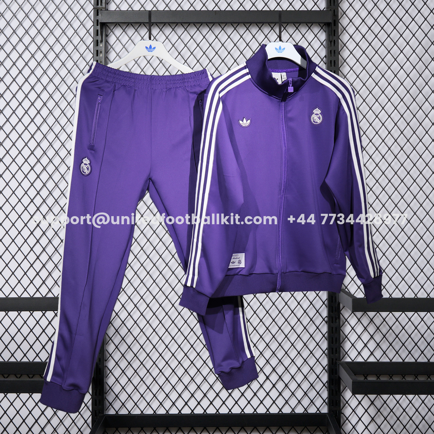 Unitedfootballkit.com | Real Madrid 25-26 White Lines Training Set - Purple Top and Purple Pants -Customize Name, Number and Patch | Worldwide Shipping