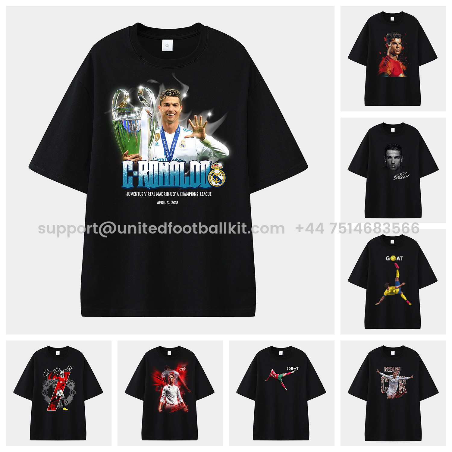 Unitedfootballkit.com | Cristiano Ronaldo Portugal Real Madrid Manchester United Unisex Pure Cotton T-shirt -Customize Name, Number and Patch | Worldwide Shipping