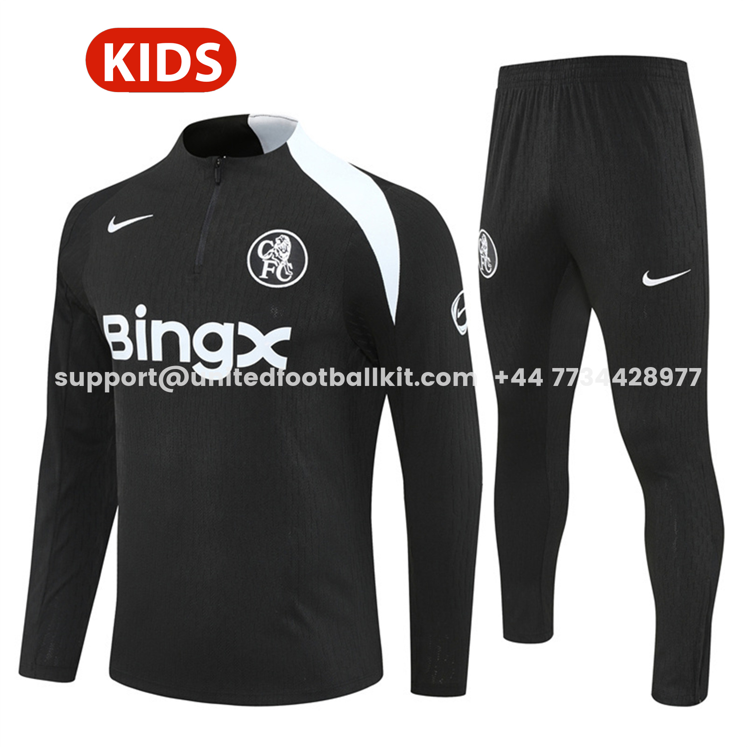 Unitedfootballkit.com | C.H.E.L.S.E.A 25-26 Kids Long Sleeve Training Set - Player Version - Black Top and Black Pants -Customize Name, Number and Patch | Worldwide Shipping
