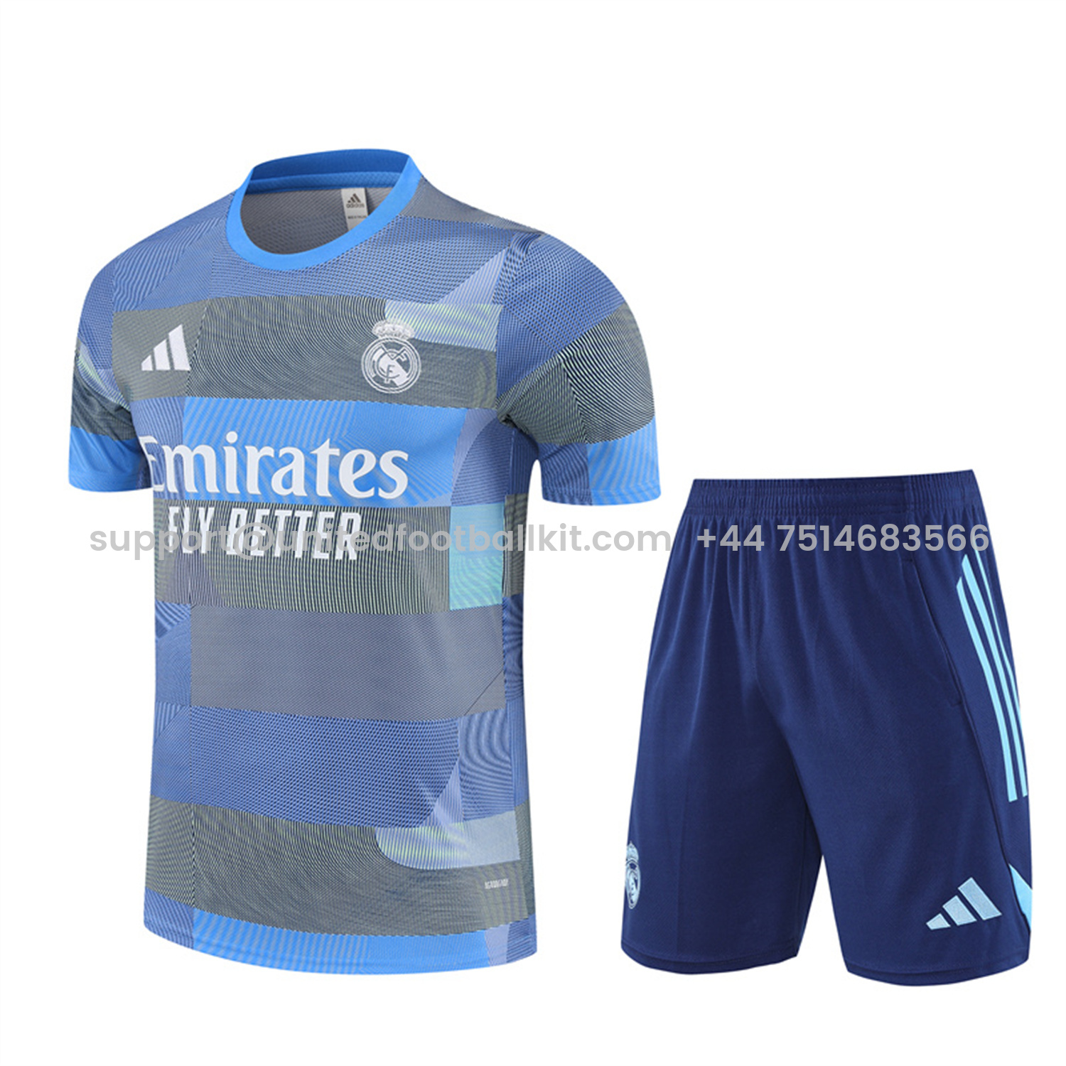 Unitedfootballkit.com | Real Madrid 25-26 Pre-Match Short-Sleeve Training Set - Blue-Gray Camouflage Top and Blue Shorts -Customize Name, Number and Patch | Worldwide Shipping