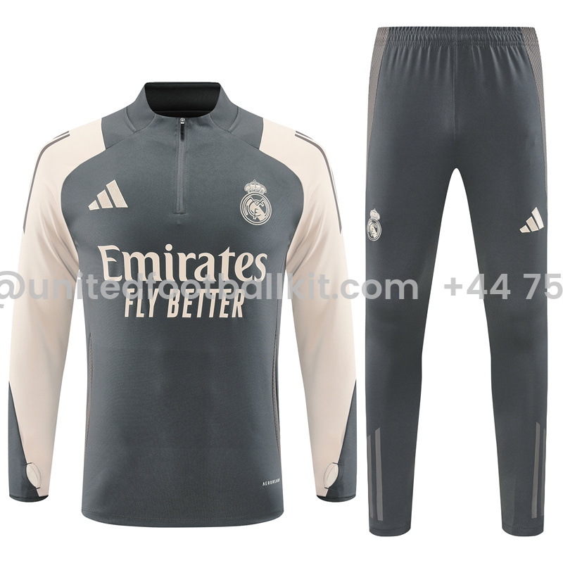 Unitedfootballkit.com | Real Madrid 24-25 Long Sleeve Training Set - Deep Grey -Customize Name, Number and Patch | Worldwide Shipping