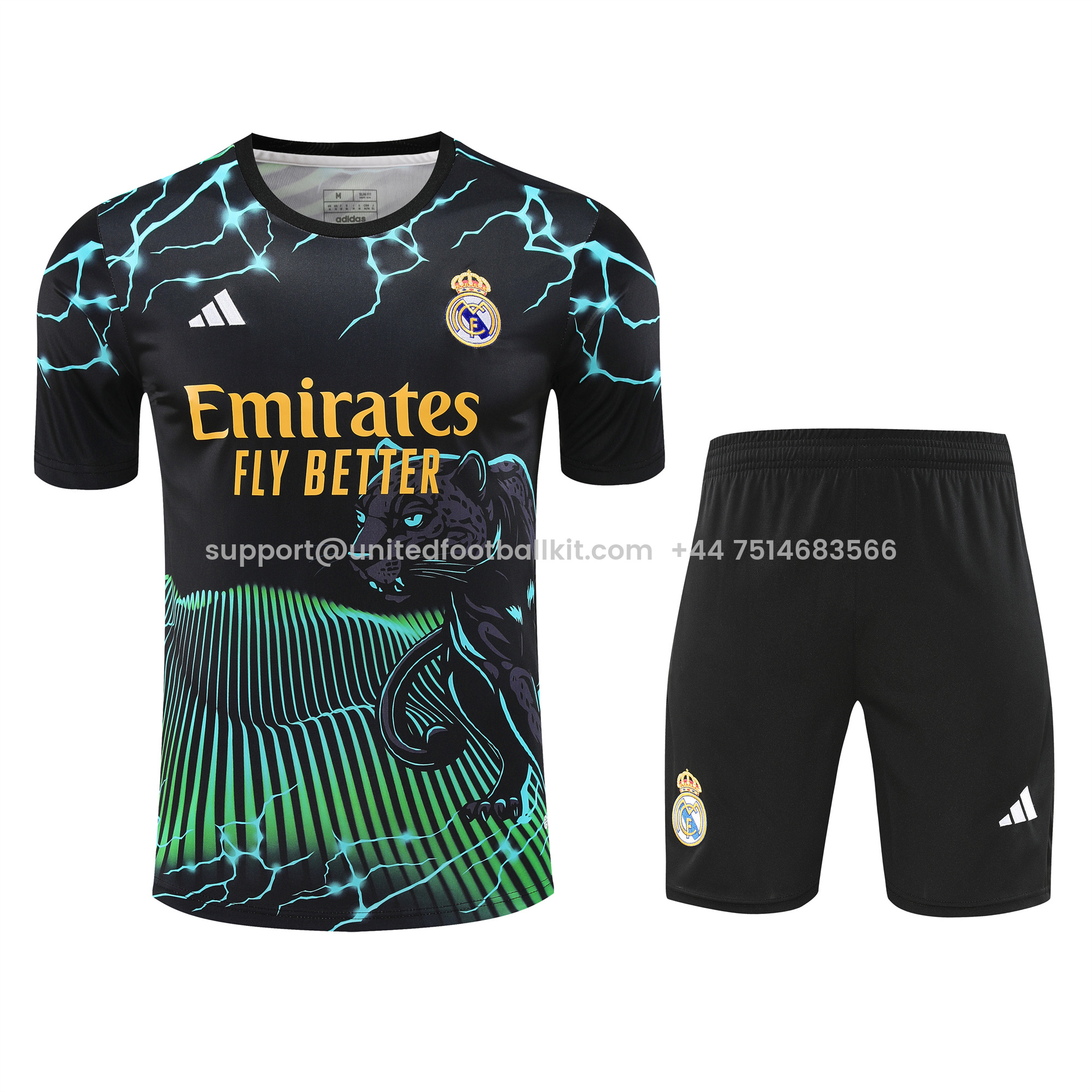 Unitedfootballkit.com | Real Madrid 24-25 Short-Sleeve Training Set - Green Leopard Top & Black Shorts -Customize Name, Number and Patch | Worldwide Shipping