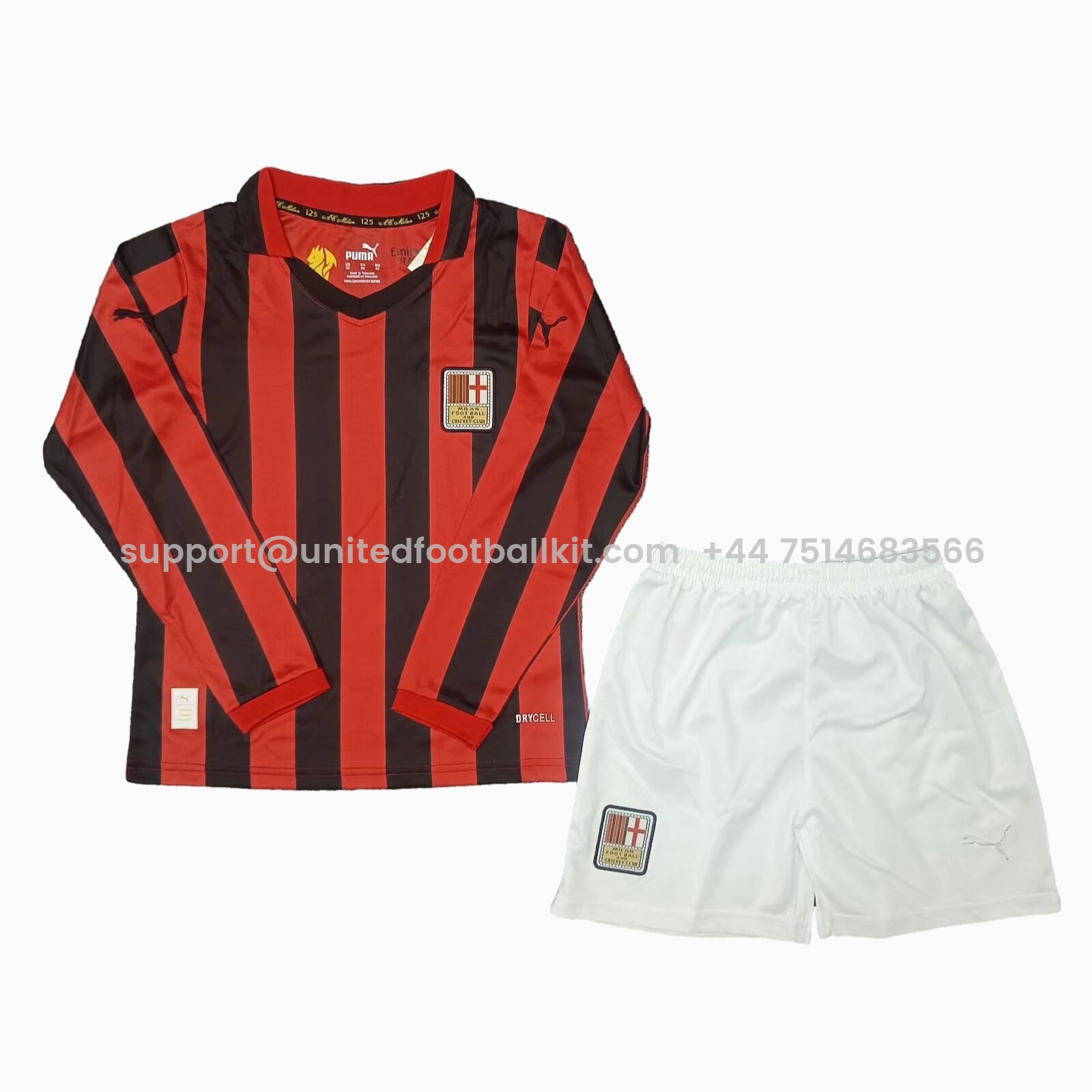 Unitedfootballkit.com | AC Milan 24-25 125th Anniversary Home Long Sleeves Kids Kit -Customize Name, Number and Patch | Worldwide Shipping