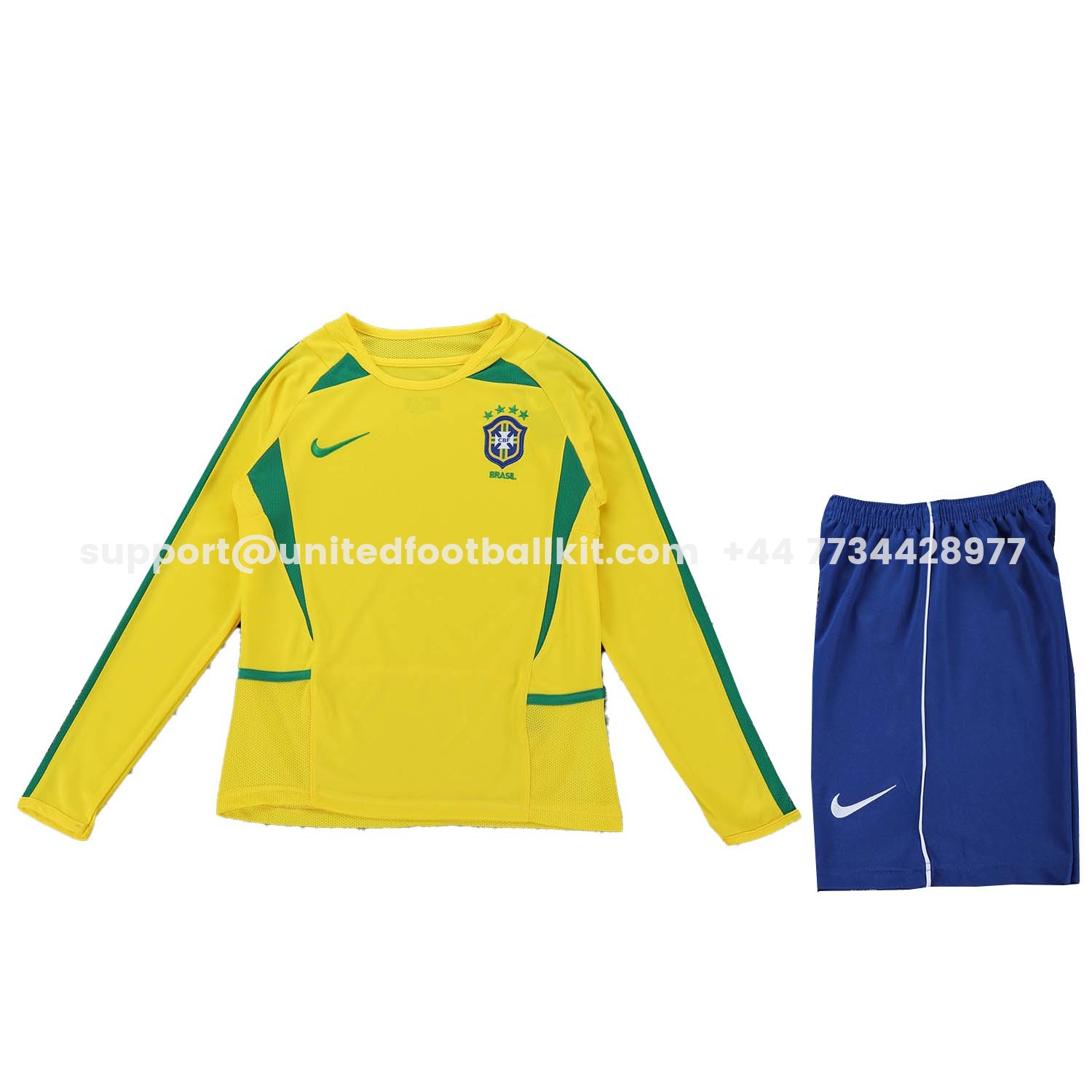 Unitedfootballkit.com | Retro Brazil 2002 Home Long Sleeves Kids Kit -Customize Name, Number and Patch | Worldwide Shipping