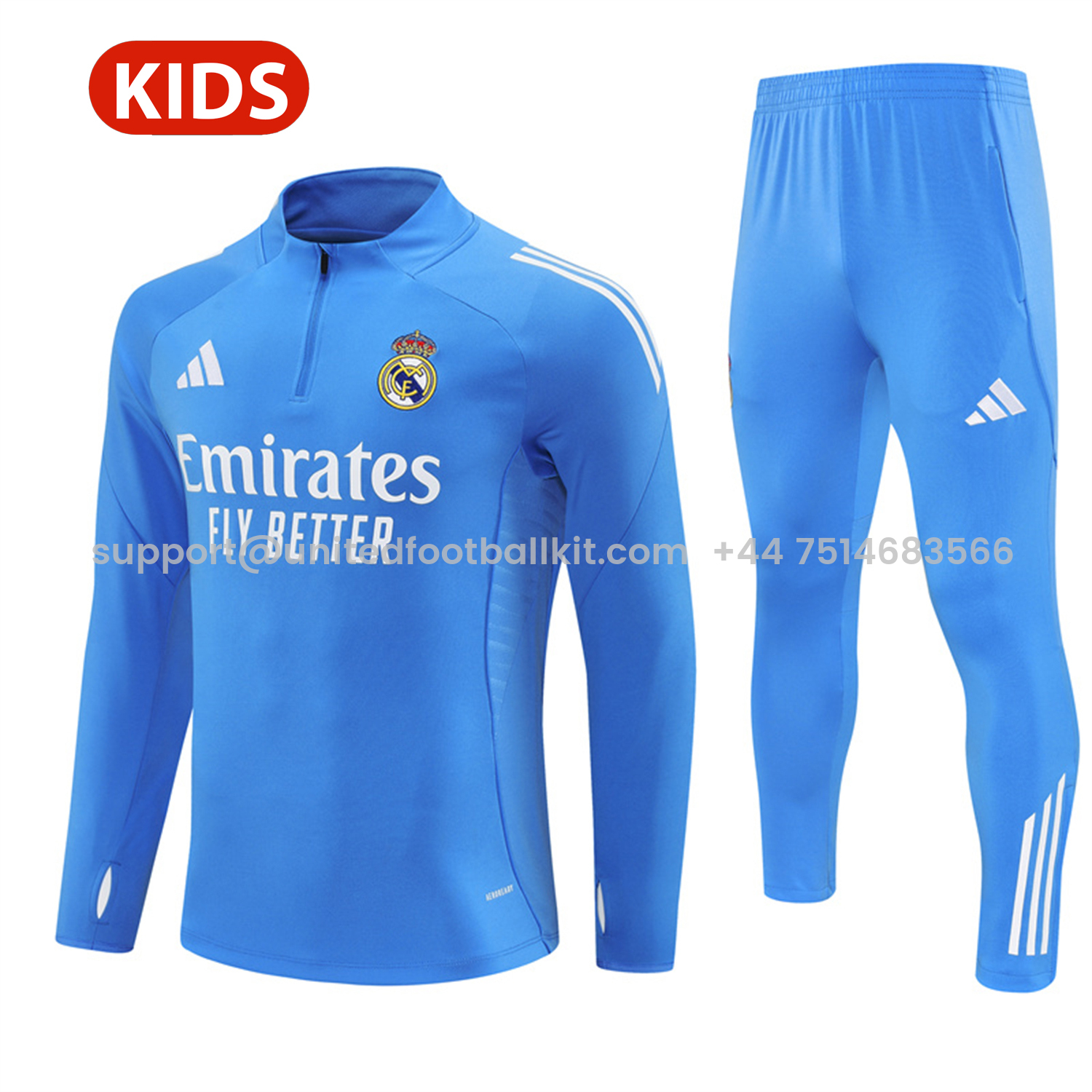 Unitedfootballkit.com | Real Madrid 25-26 Kids Long Sleeve Training Set - Bright Blue Top & Pants -Customize Name, Number and Patch | Worldwide Shipping