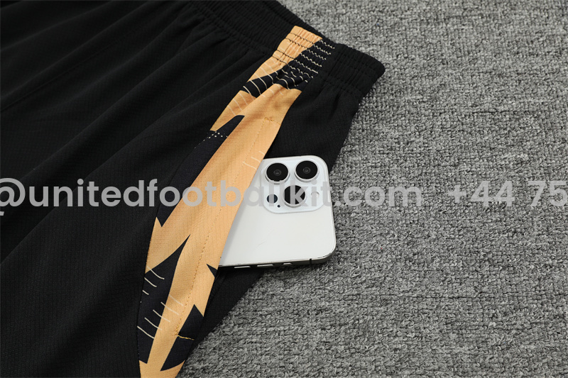 Unitedfootballkit.com | Real Madrid 24-25 Short-Sleeve Training Kids Kit - Black Gold -Customize Name, Number and Patch | Worldwide Shipping