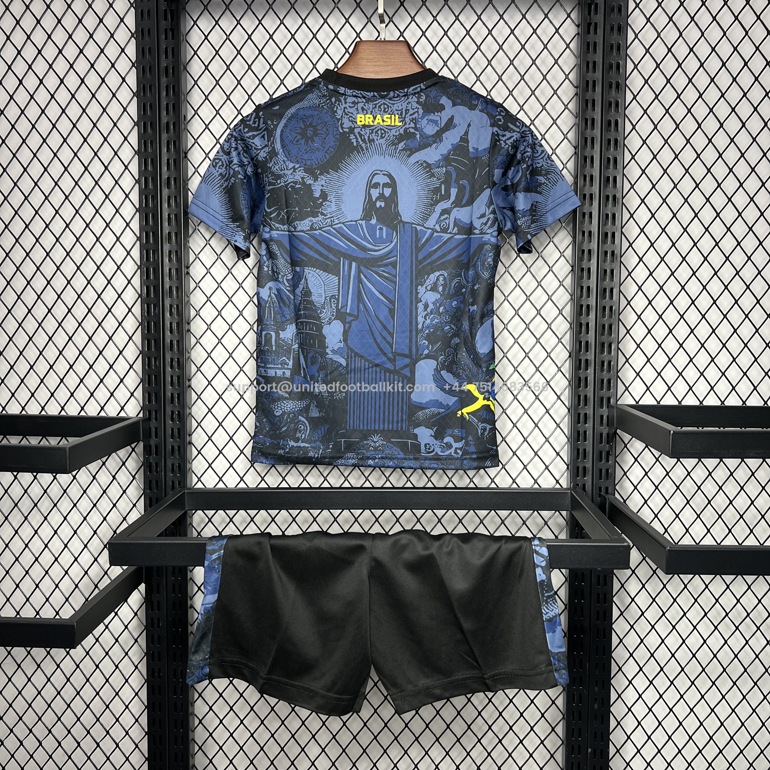Unitedfootballkit.com | Brazil 2024 Christ the Redeemer Statue Kids Kit - Dark Blue -Customize Name, Number and Patch | Worldwide Shipping
