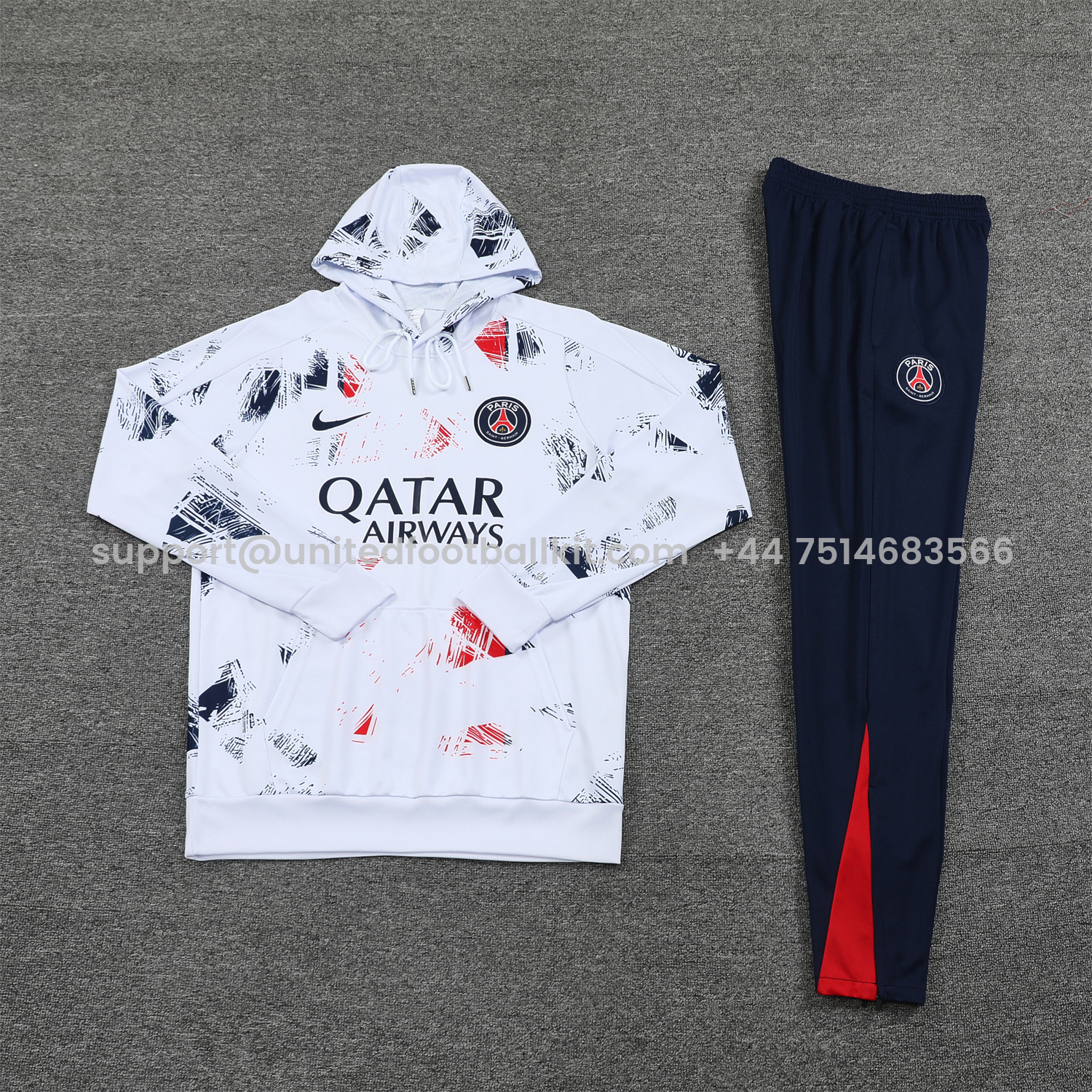 Unitedfootballkit.com | Paris Saint-Germain PSG 24-25 Training Hoodie Set - White Hoodie and Deep Blue Pants -Customize Name, Number and Patch | Worldwide Shipping